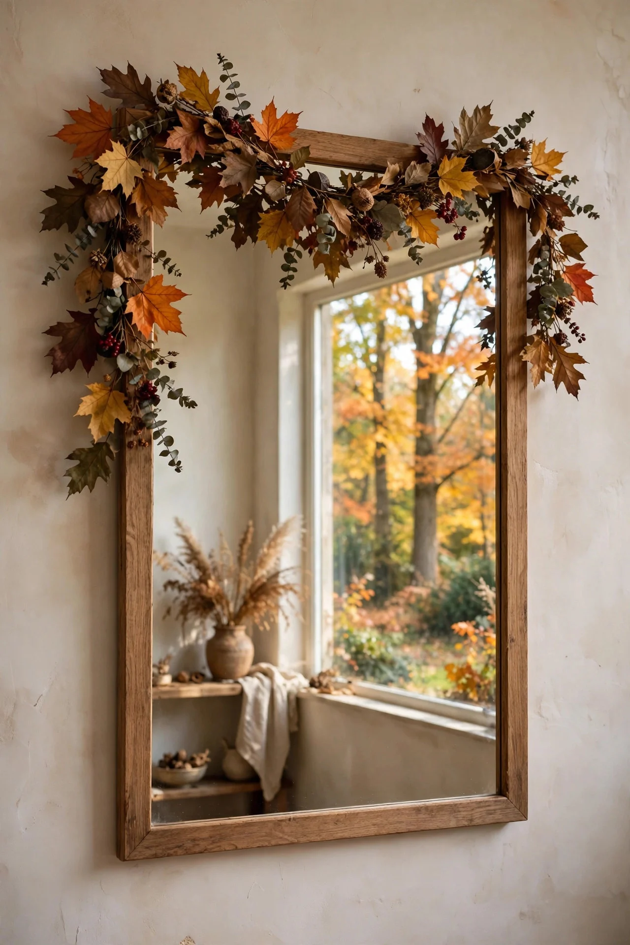 Preserved fall-leaf garland draped over a mirror