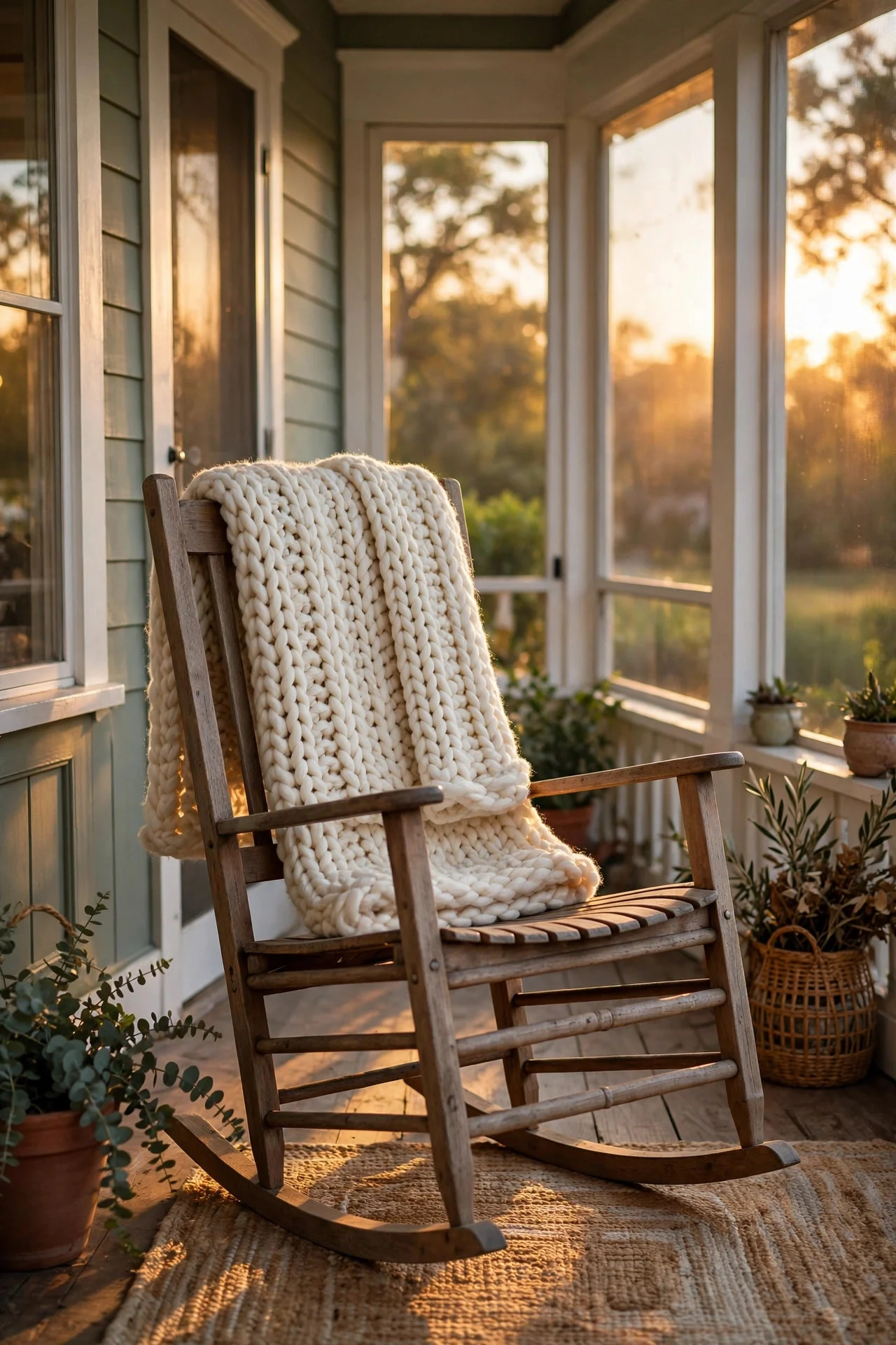 Porch rocking chair with a chunky knit fall blanket