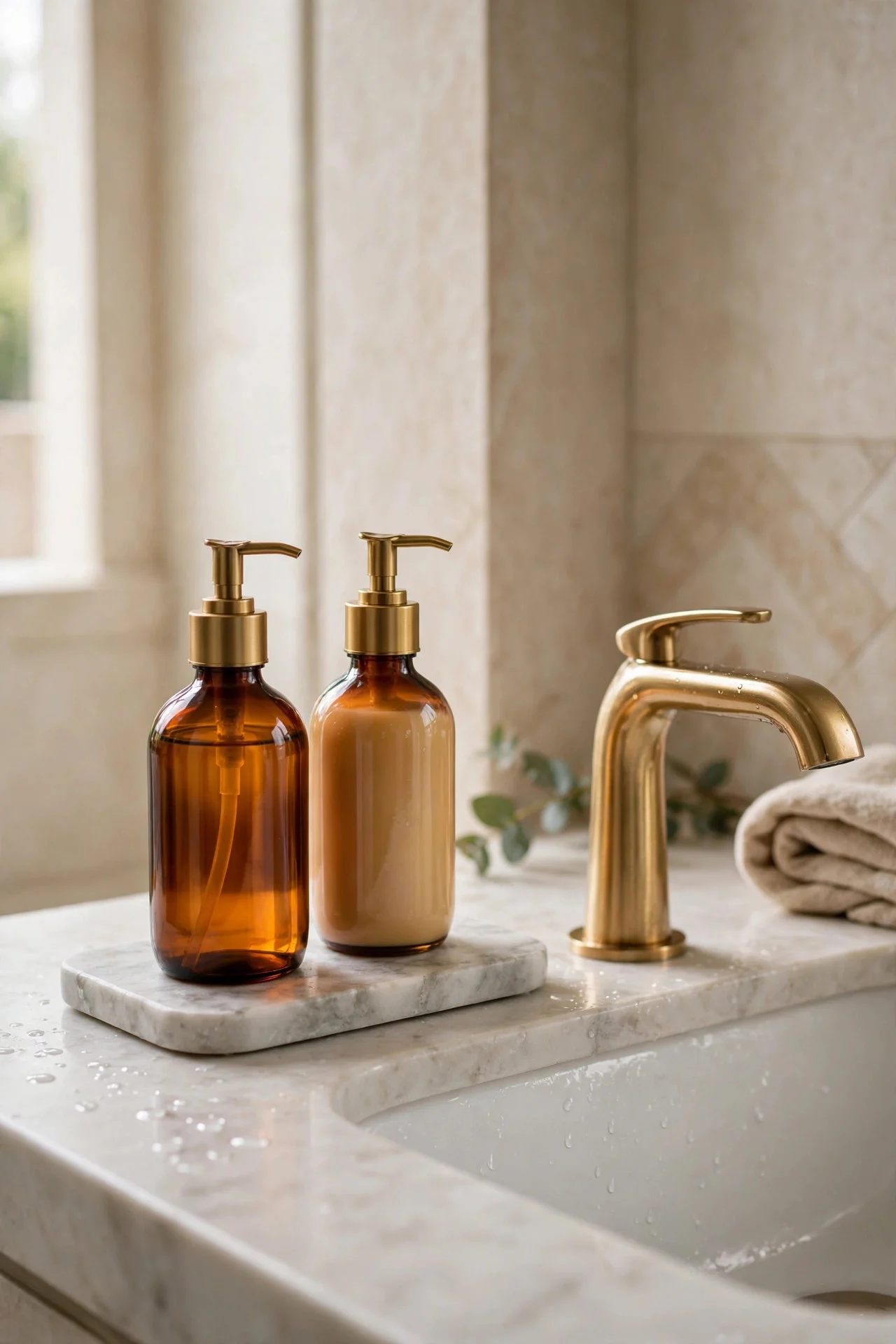 Amber glass soap and lotion bottles on a marble tray