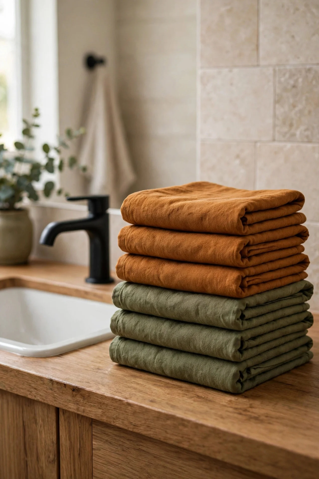 Stack of folded fall-colored guest hand towels