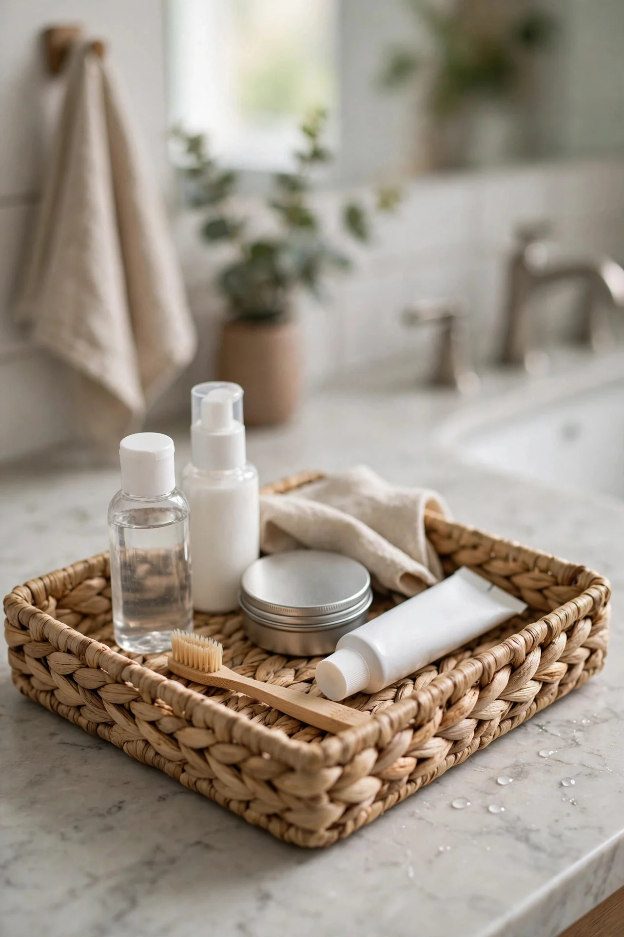 Mini toiletries tray with travel-size essentials in a woven basket