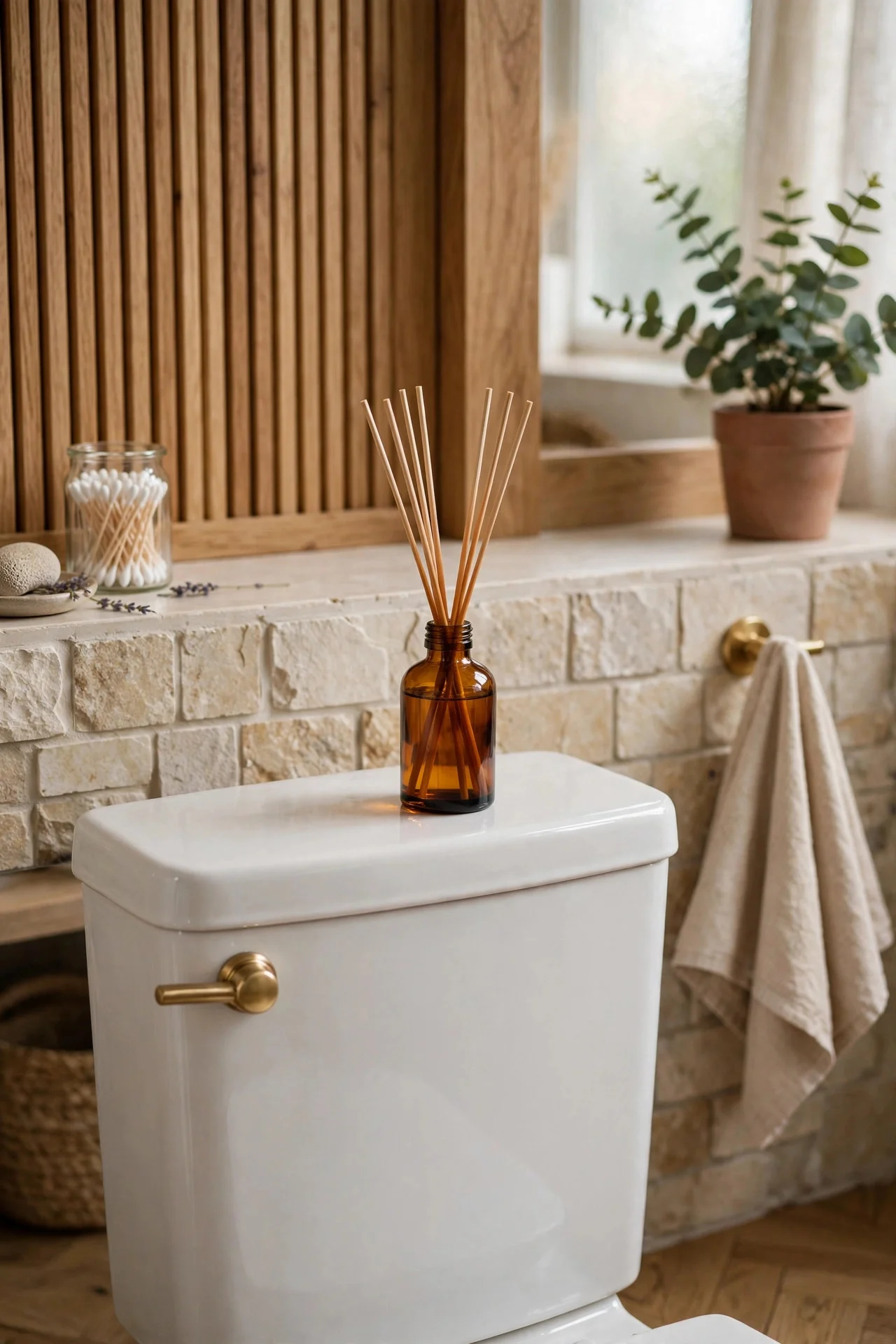 Small fall reed diffuser on a toilet tank