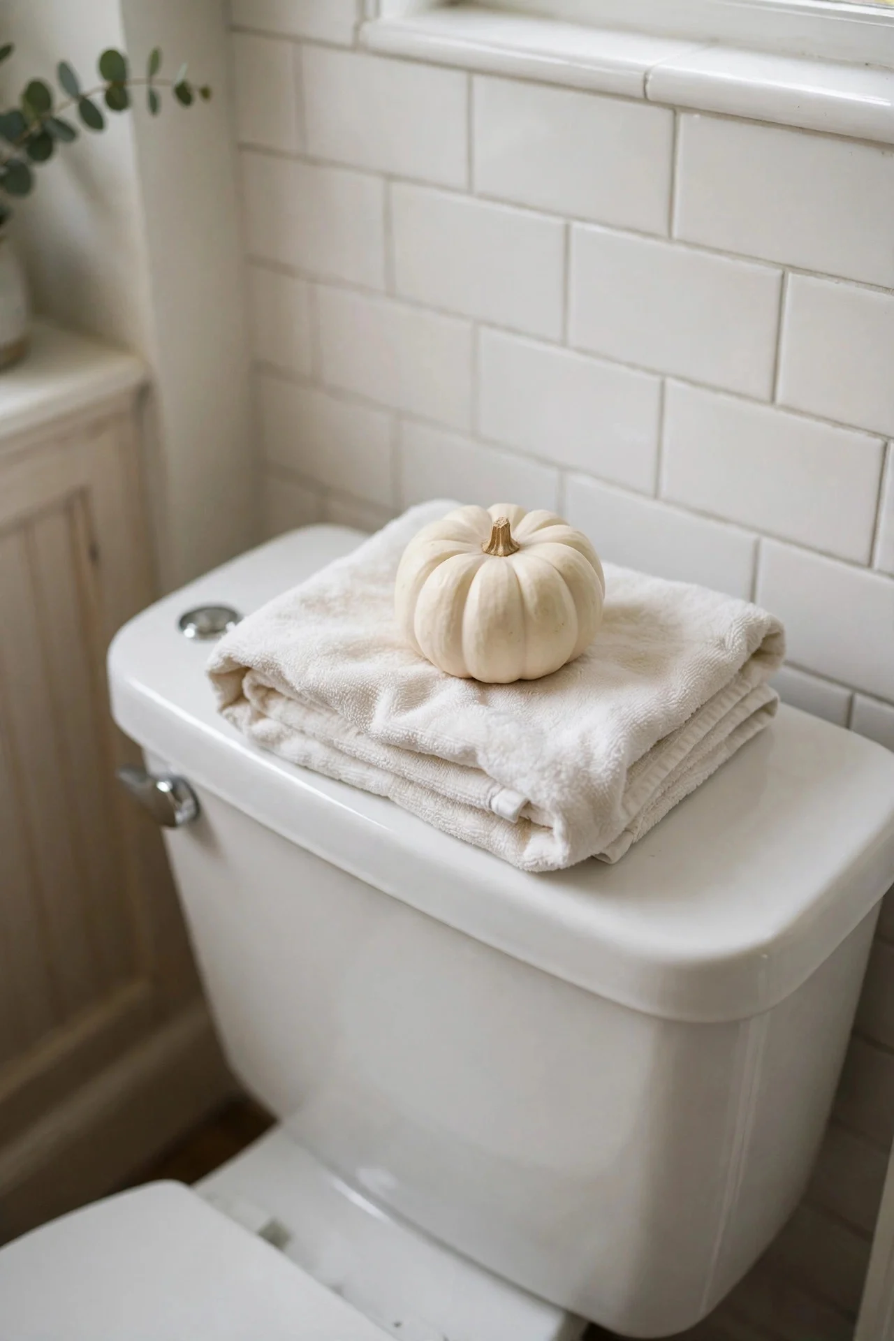 Mini white pumpkin on the back of a toilet tank