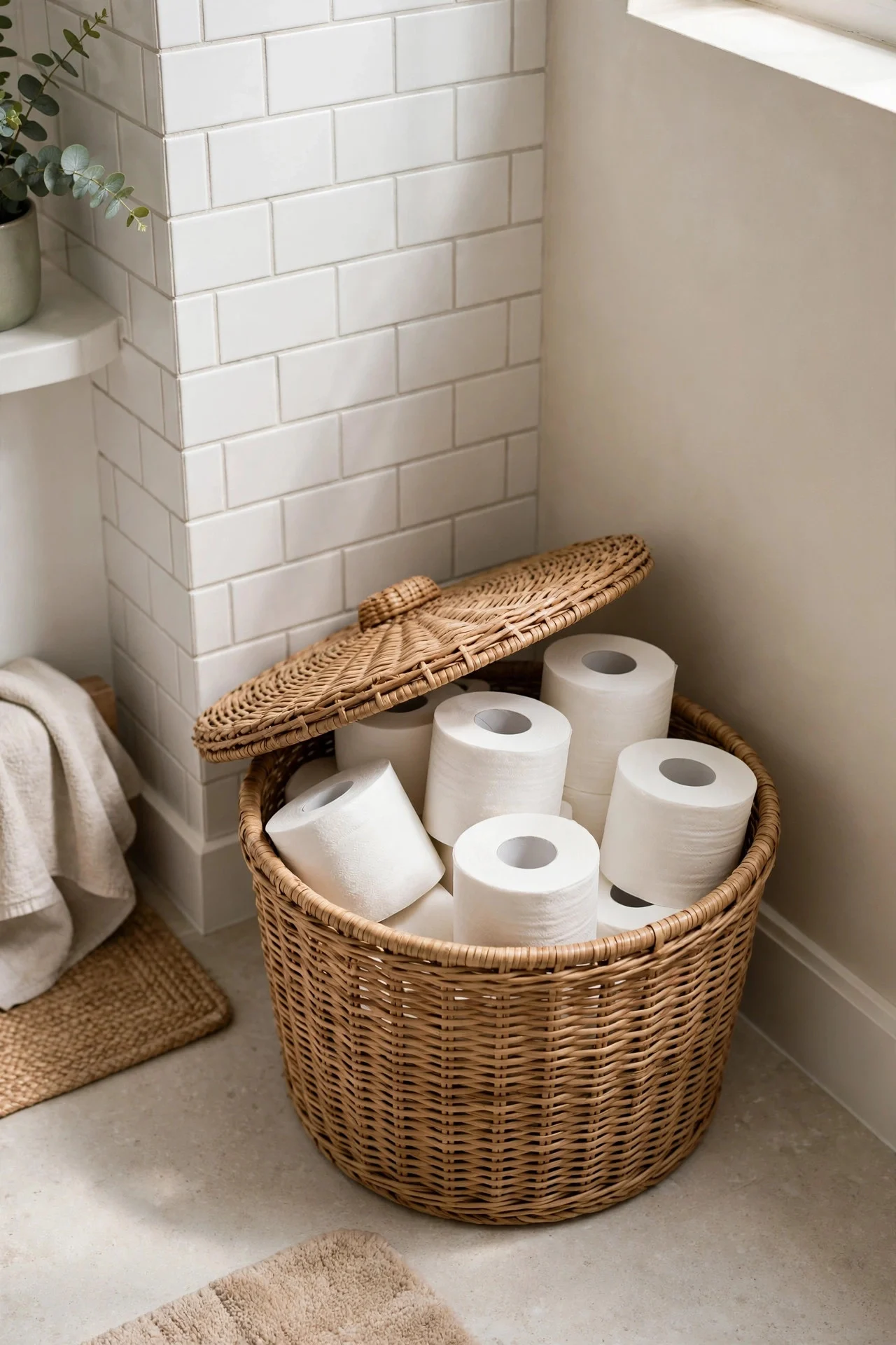 Lidded basket of spare toilet paper rolls in a bathroom
