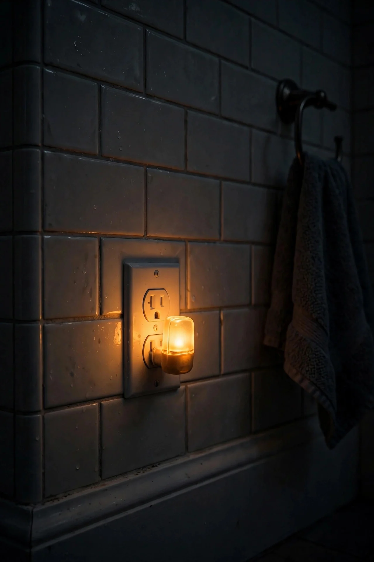 Warm LED nightlight glowing in a bathroom at night