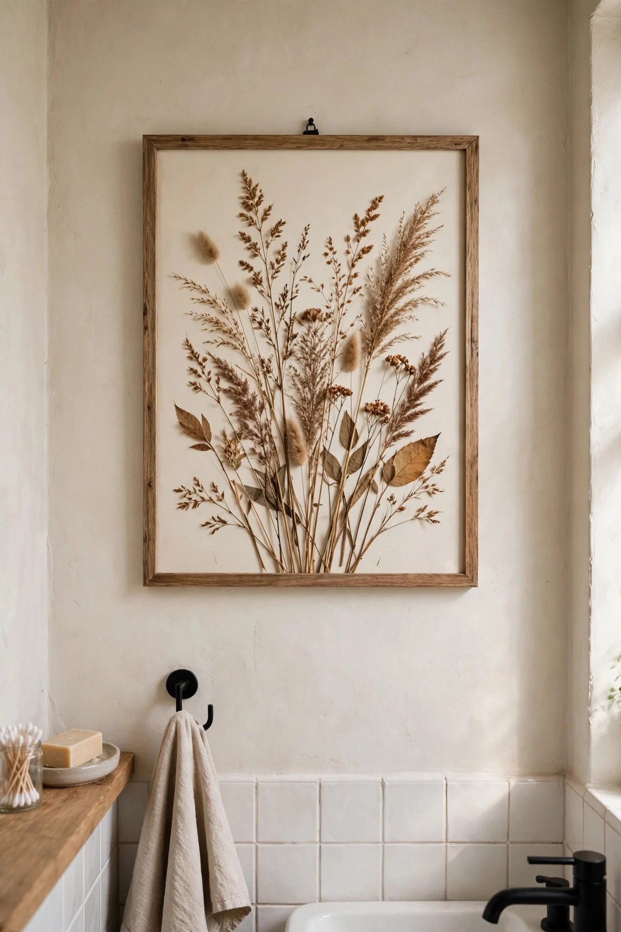 Framed fall botanical print in a small bathroom