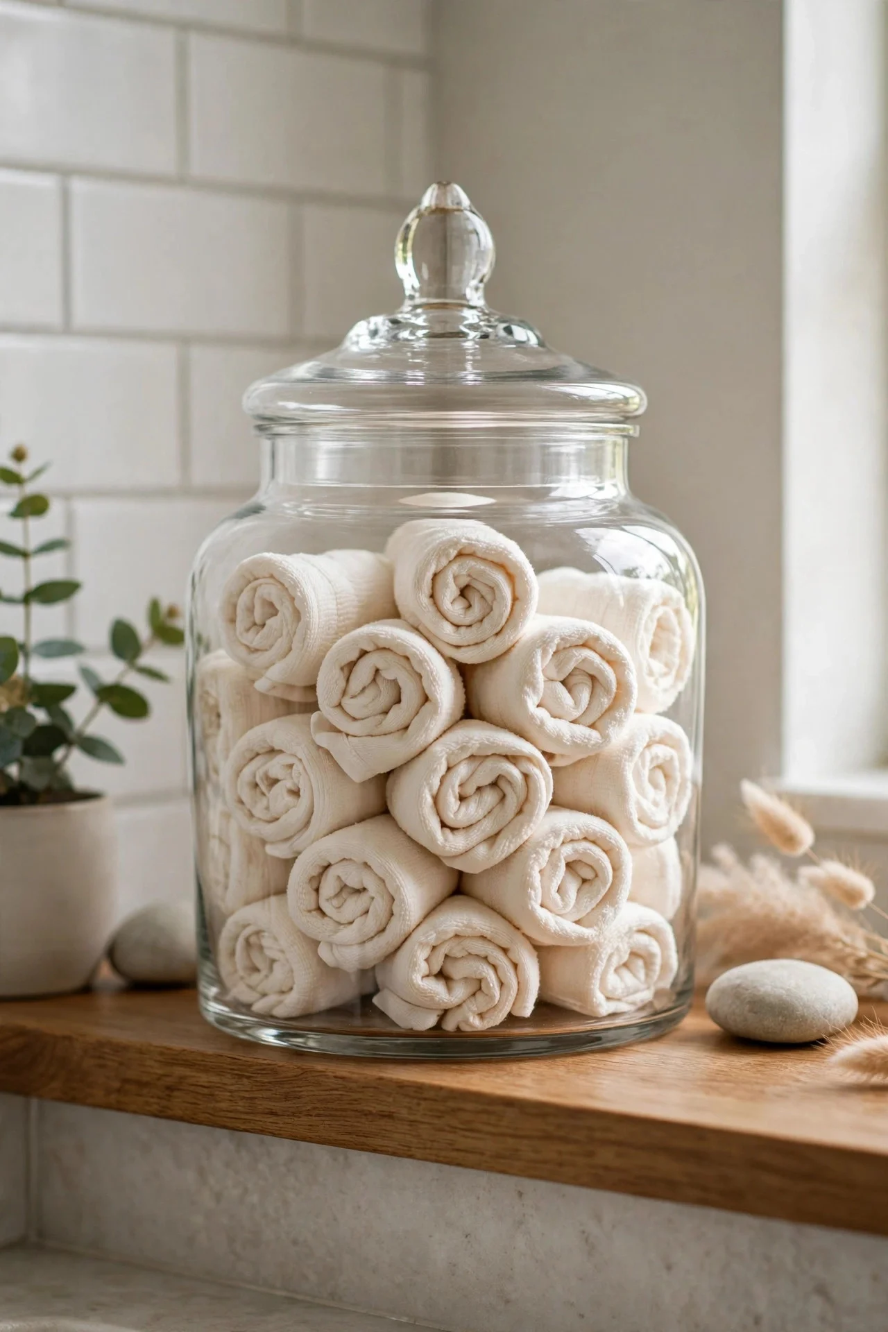 Glass jar of rolled washcloths on a bathroom shelf