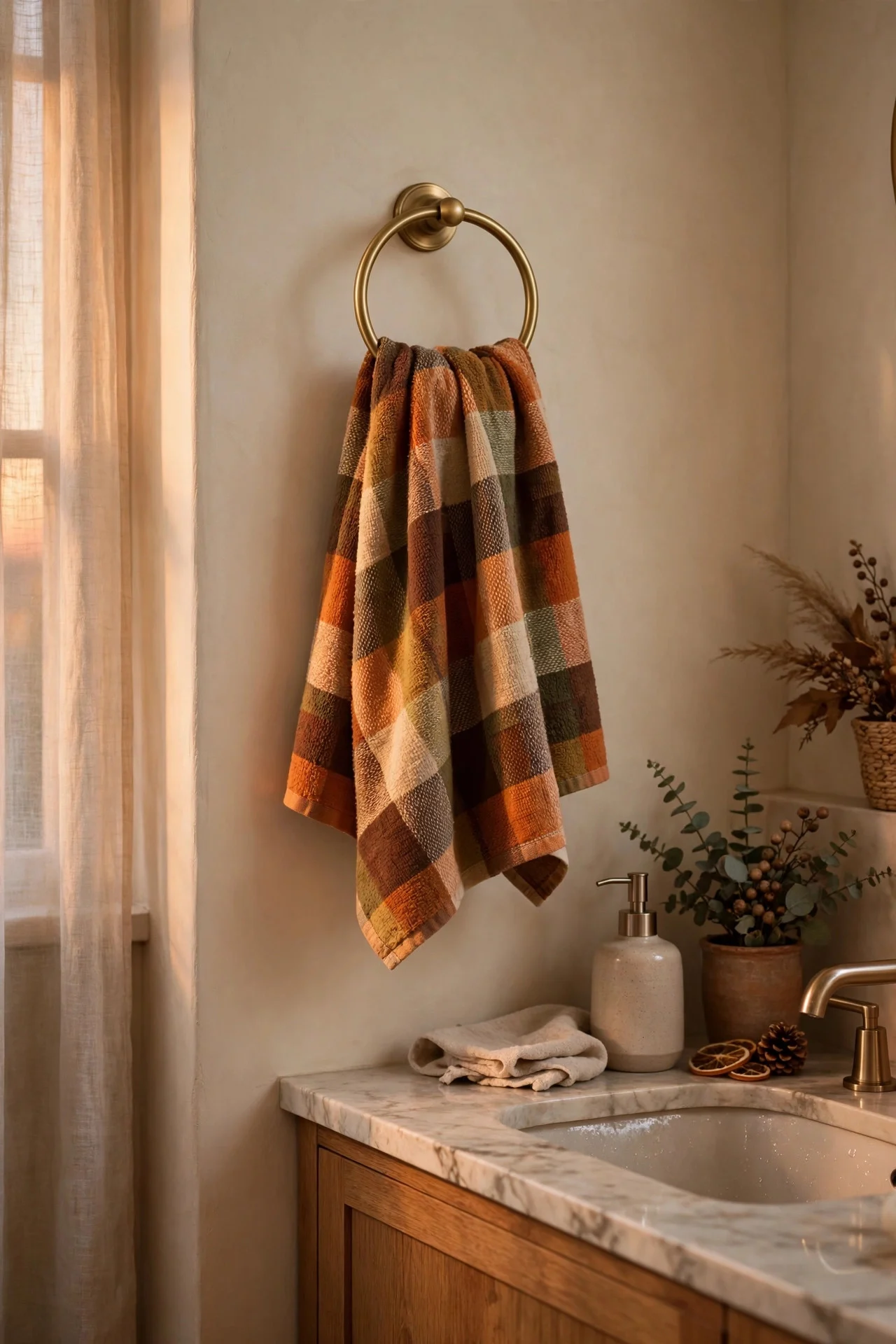 Fall plaid guest hand towel on a bathroom towel ring