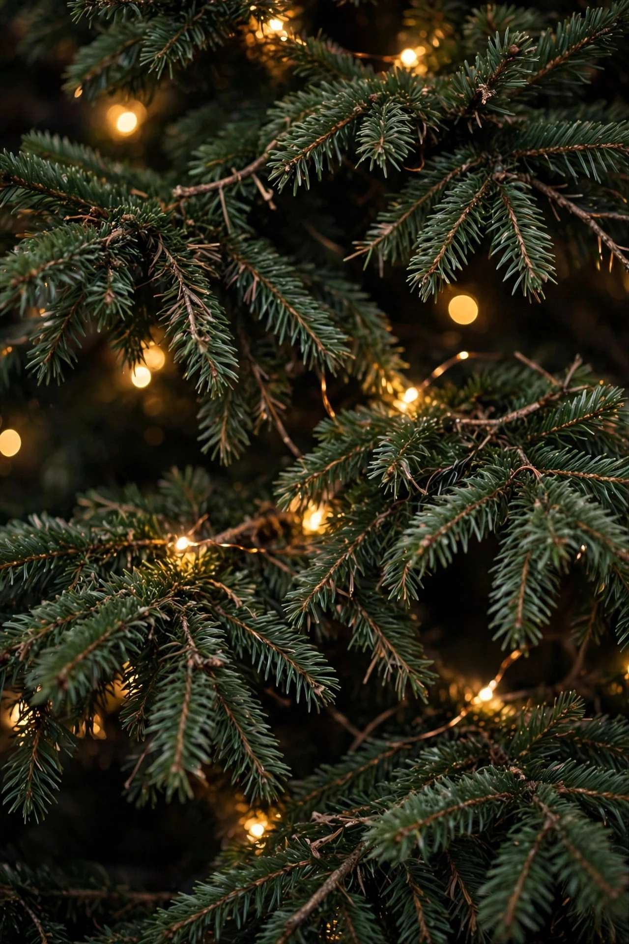 Christmas tree lights layered deep into branches