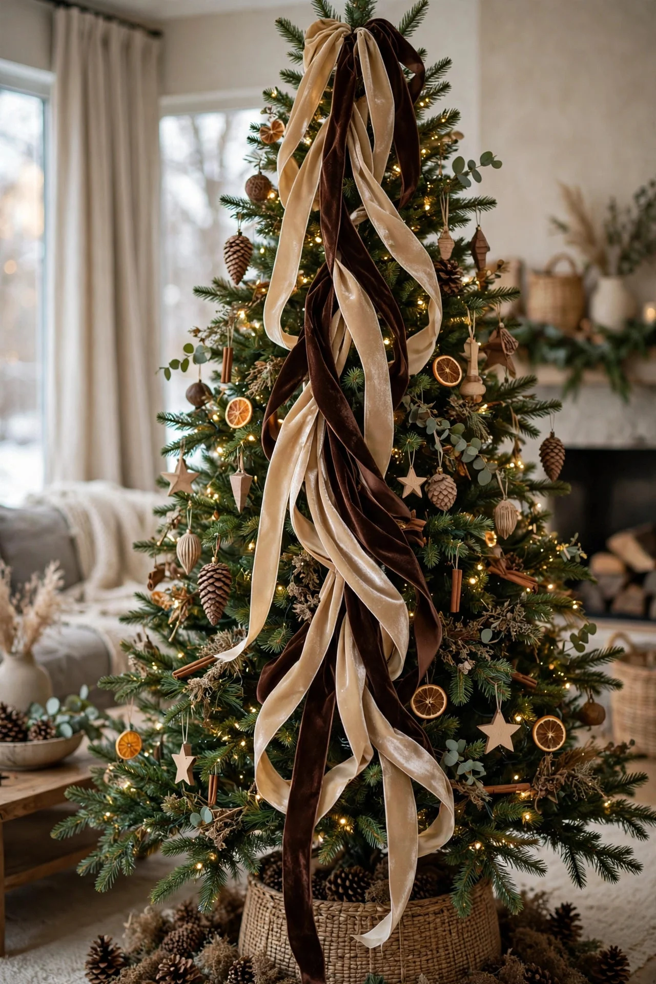 Velvet ribbon waterfalls cascading down a Christmas tree