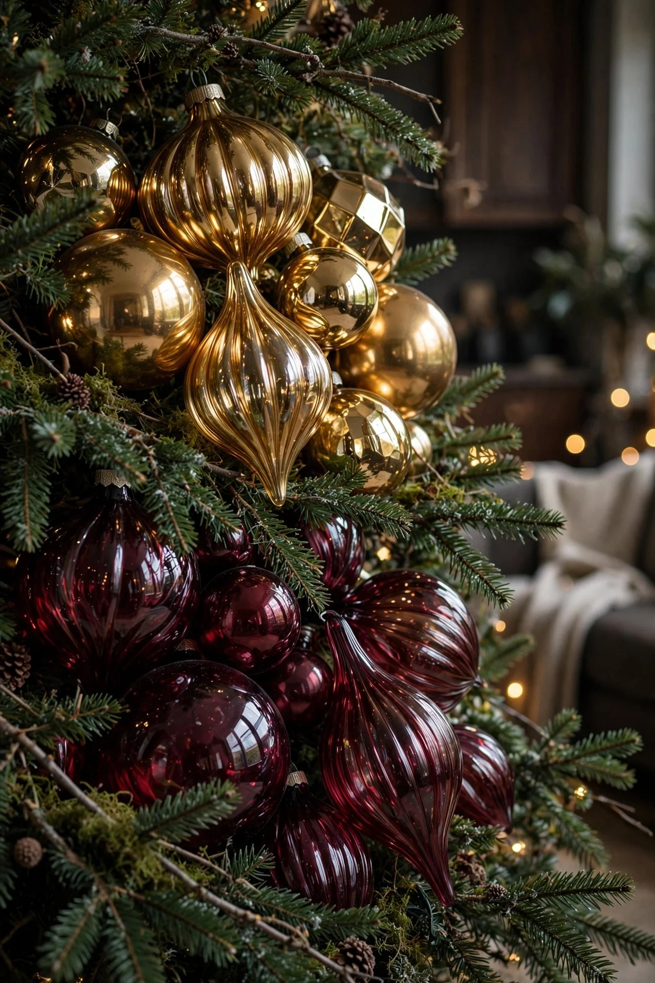 Oversized ornament clusters nestled in Christmas tree branches