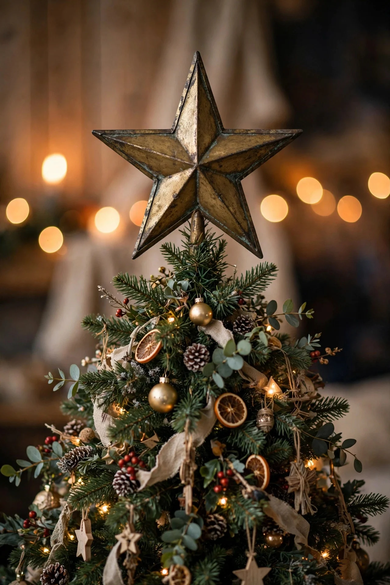 Aged-brass star topper on a Christmas tree