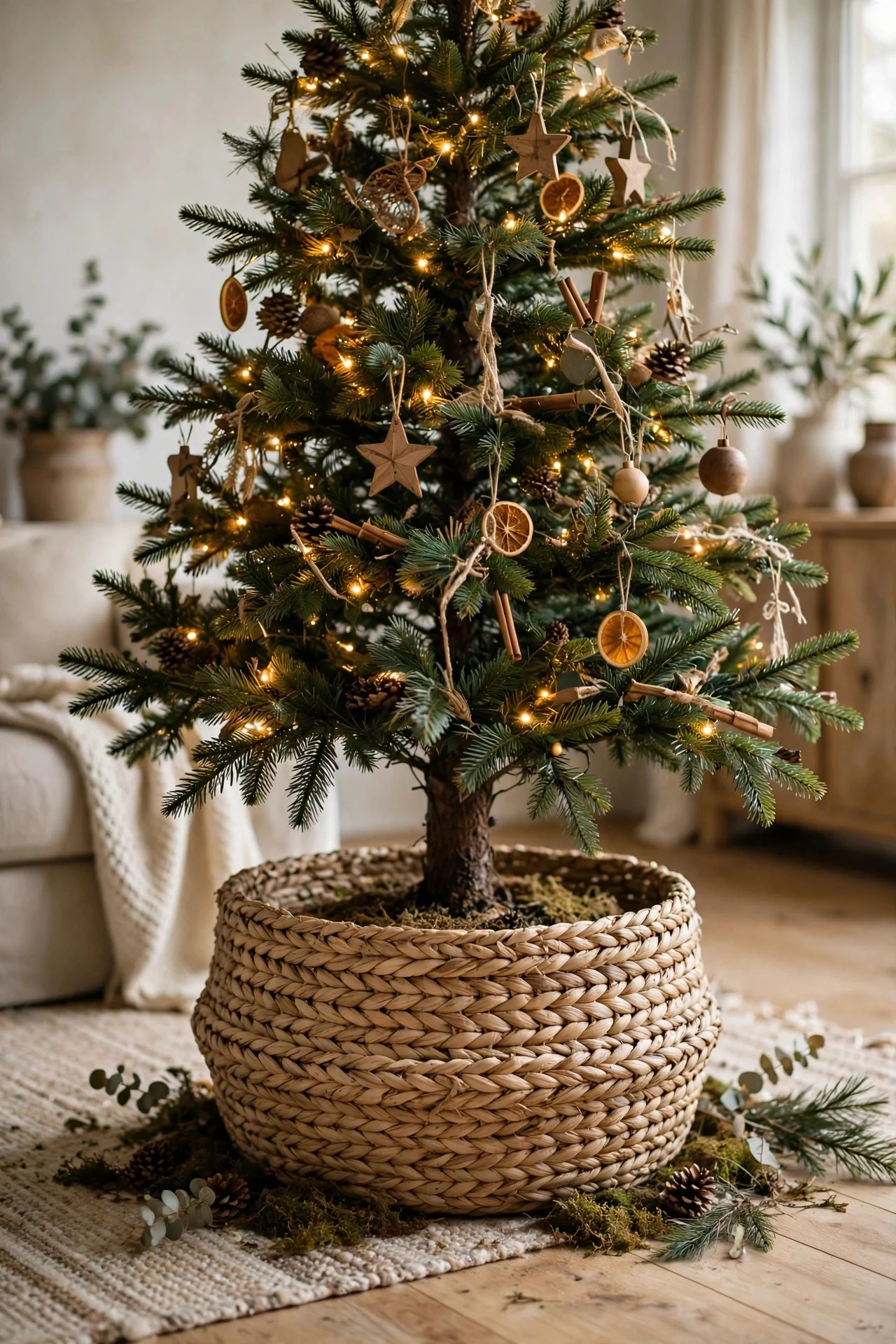 Woven basket tree collar at the base of a Christmas tree