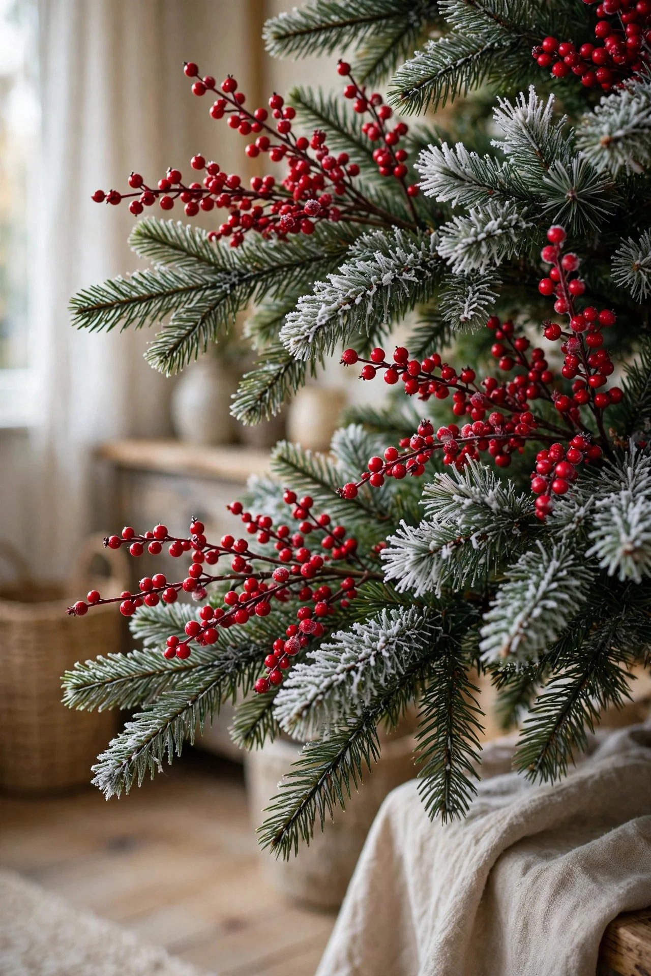 Berry sprays and pine picks filling gaps in a Christmas tree