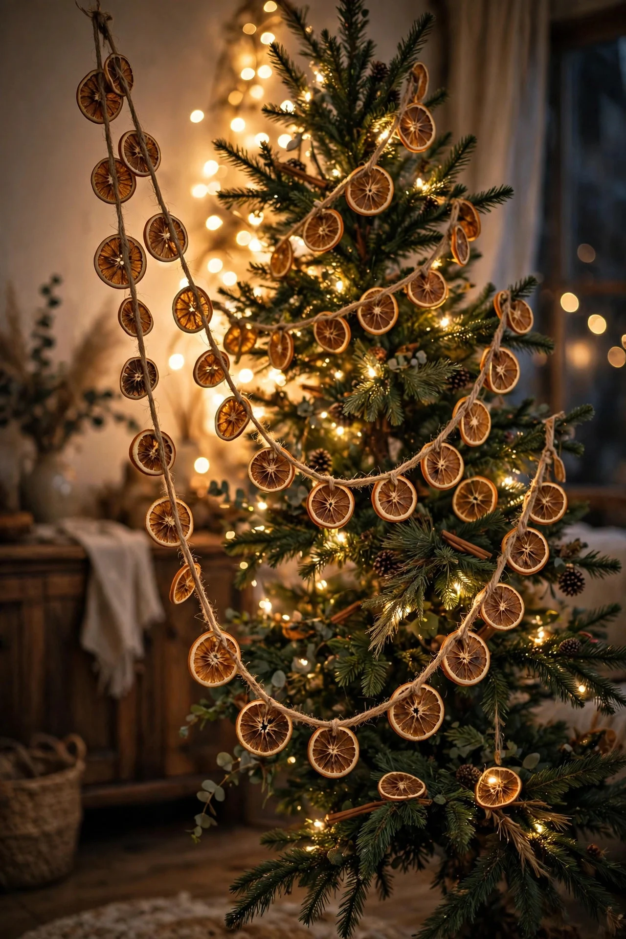 Dried orange slice garland draped on a Christmas tree