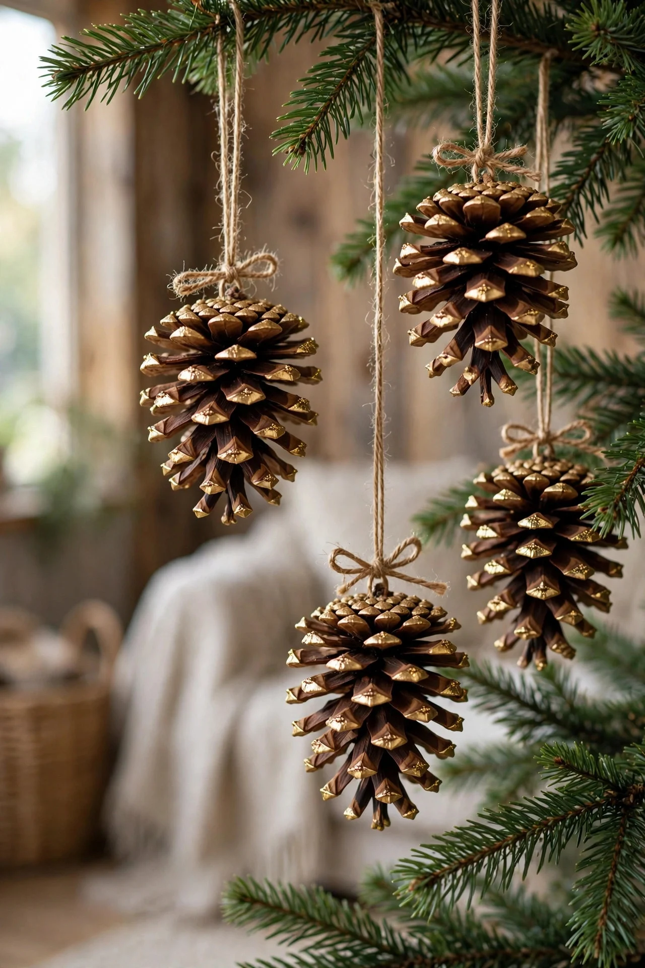 Gold-tipped pinecone ornaments on a Christmas tree