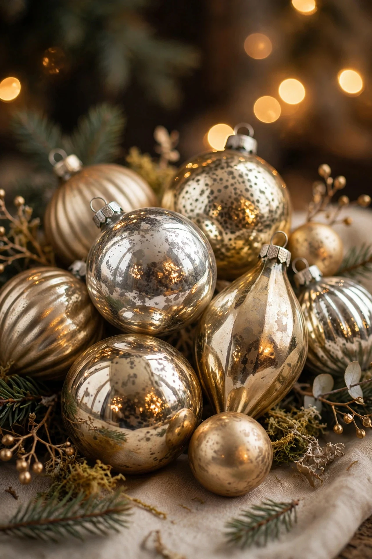 Mercury glass ornaments glowing on a Christmas tree