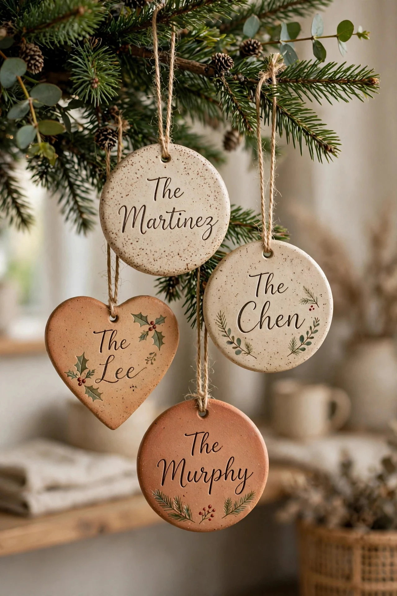Personalized ceramic ornaments with family names on a tree