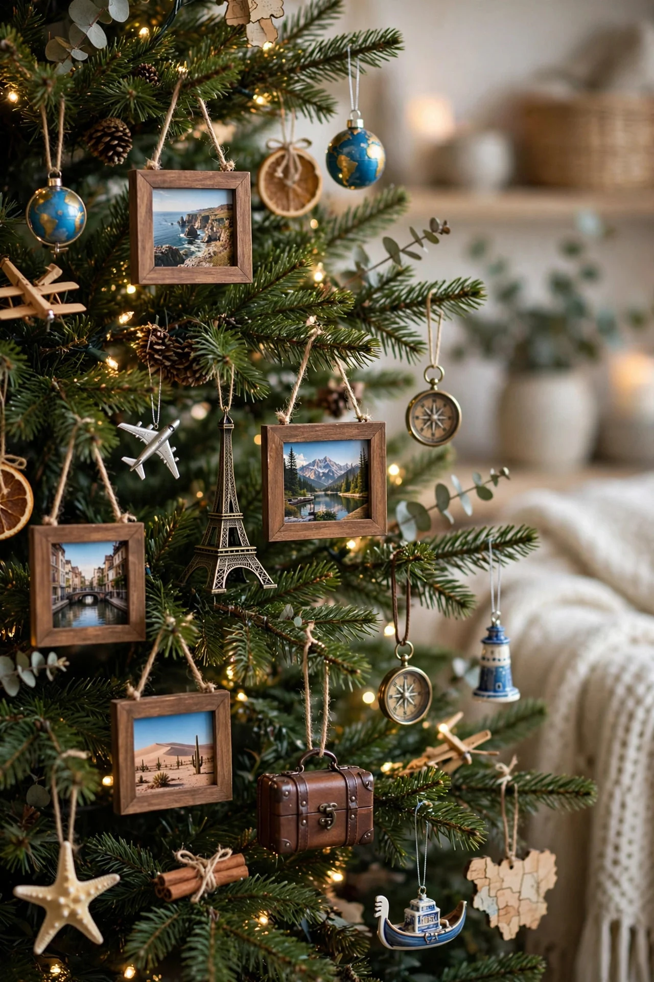 Memory ornaments with photo frames on a Christmas tree
