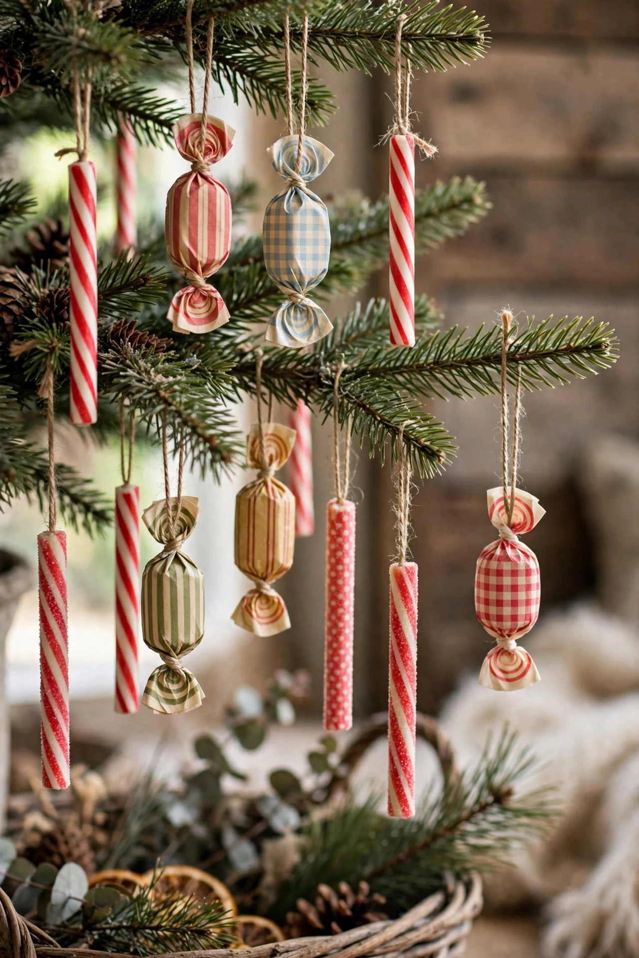 Wrapped candy ornaments on lower Christmas tree branches