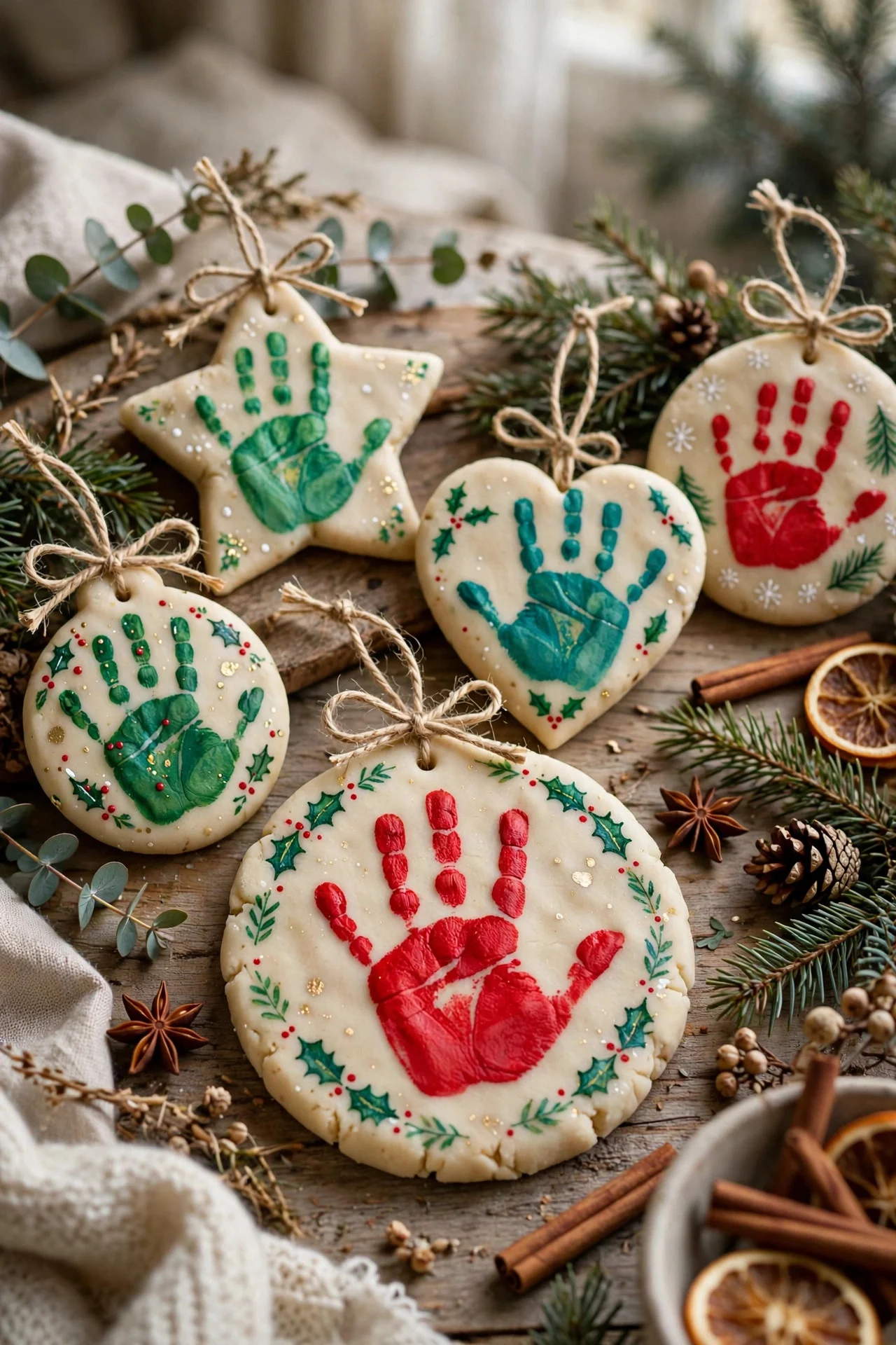 Handmade salt-dough ornaments with a handprint