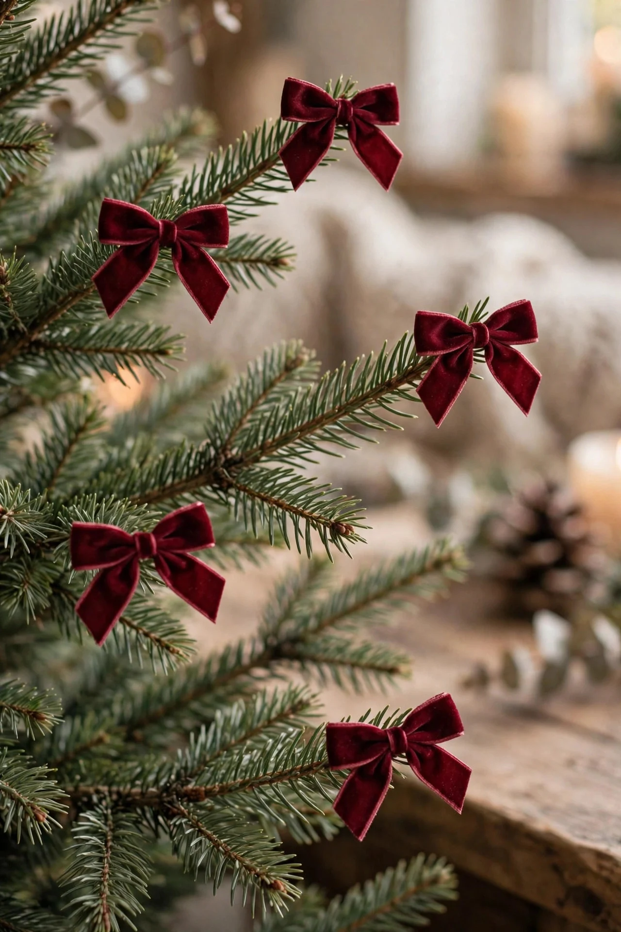 Velvet bows tied on Christmas tree branch tips
