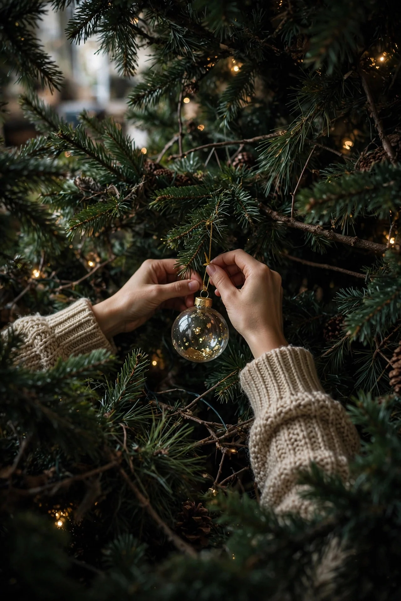 Hanging an ornament deep inside Christmas tree branches