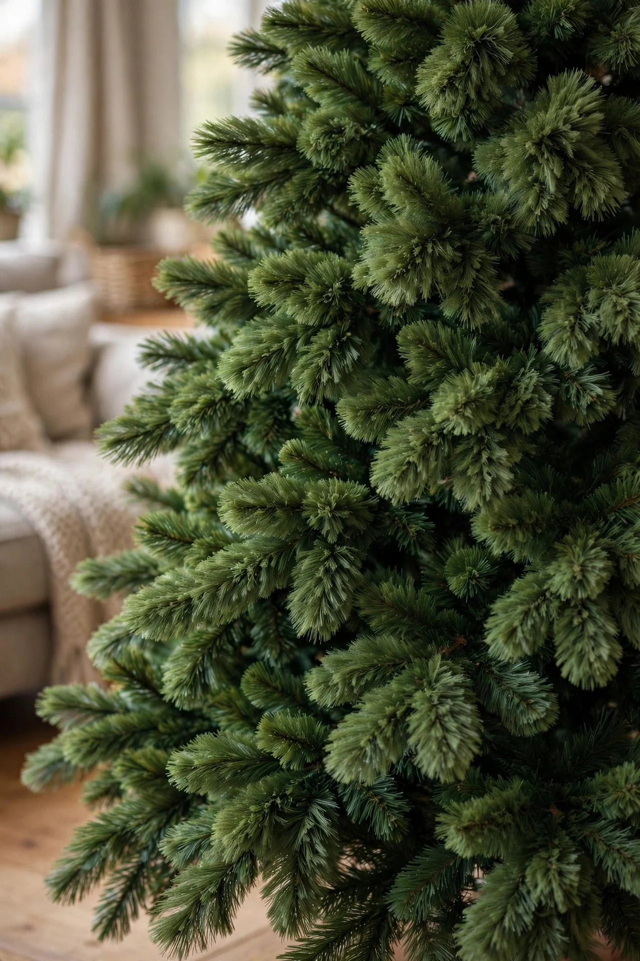 Fully fluffed artificial Christmas tree branches