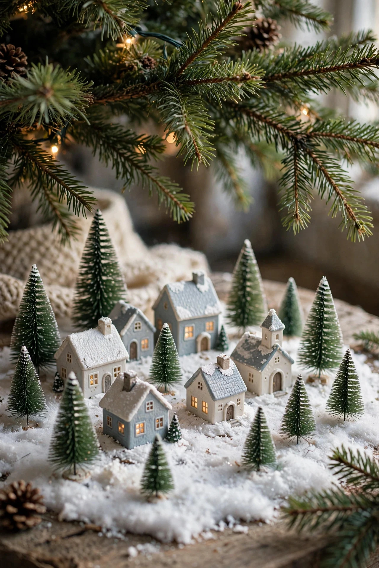 Miniature village scene under a Christmas tree