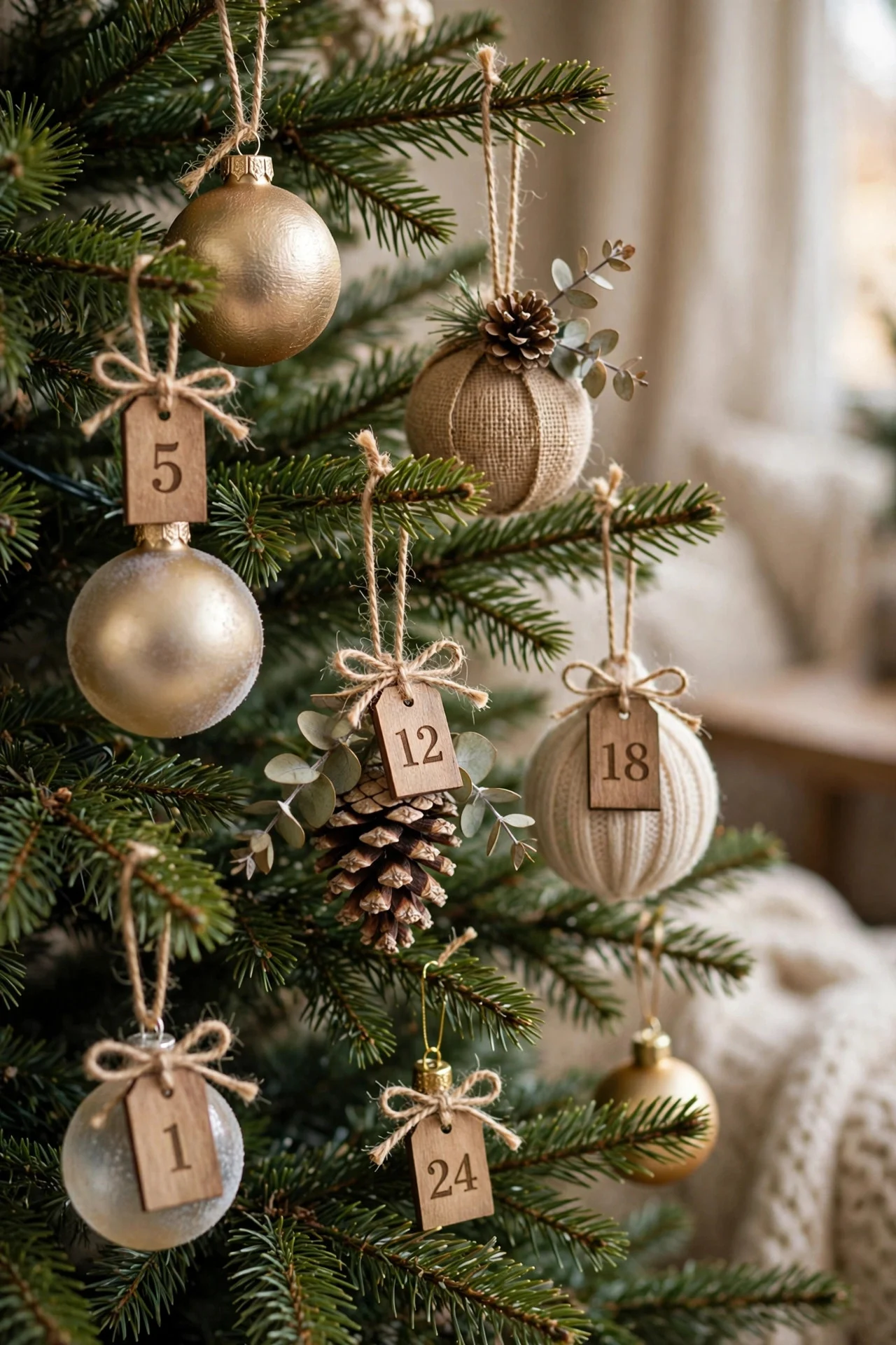 Numbered advent ornament tags on a Christmas tree