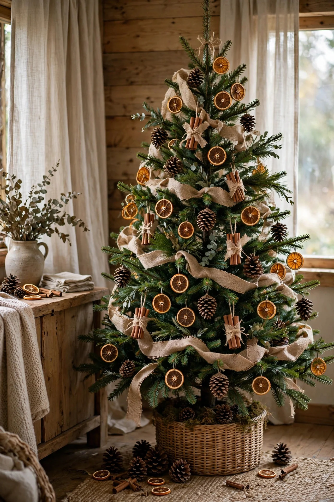 All-natural Christmas tree with pinecones and dried fruit