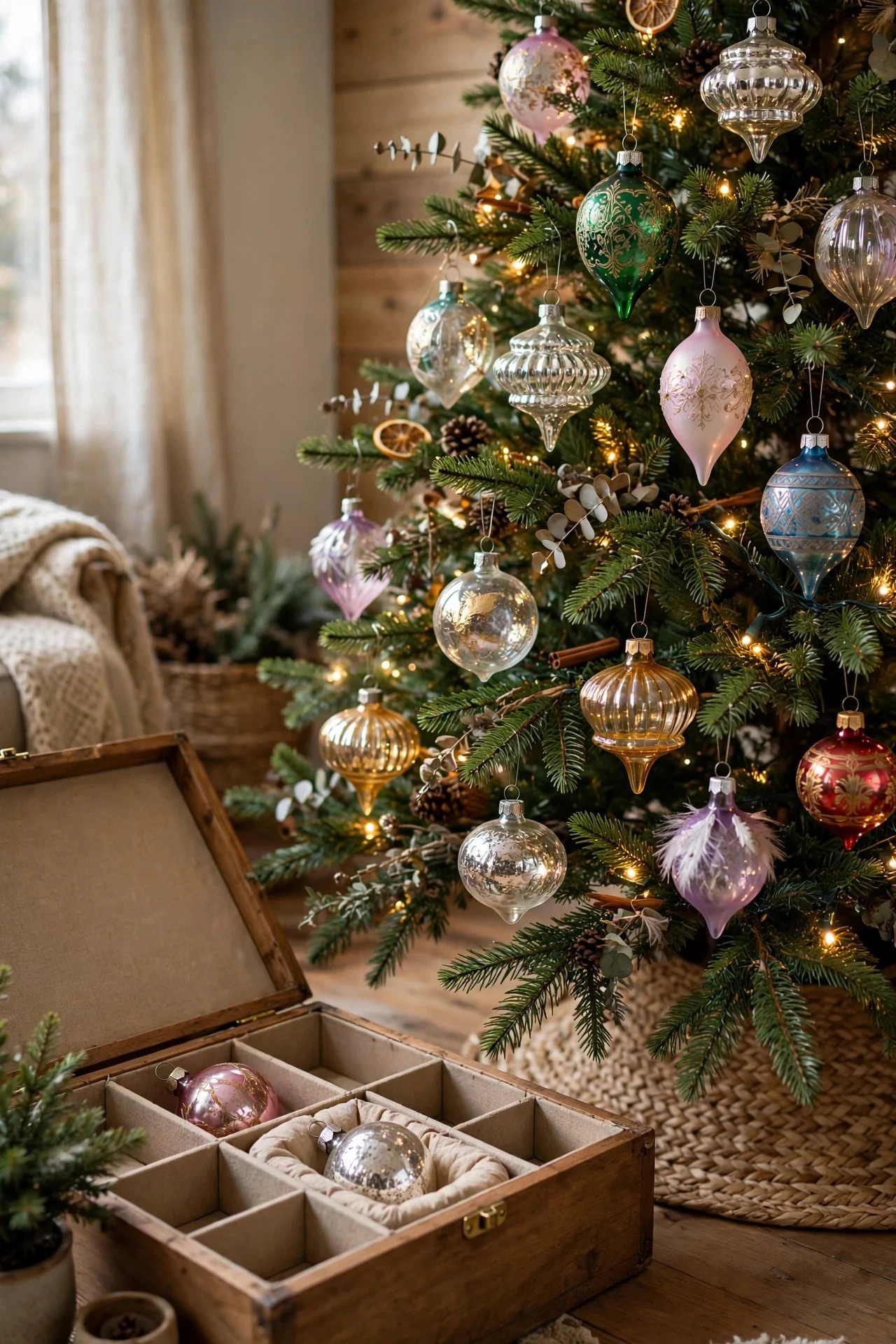 Rotated heirloom ornaments on a Christmas tree