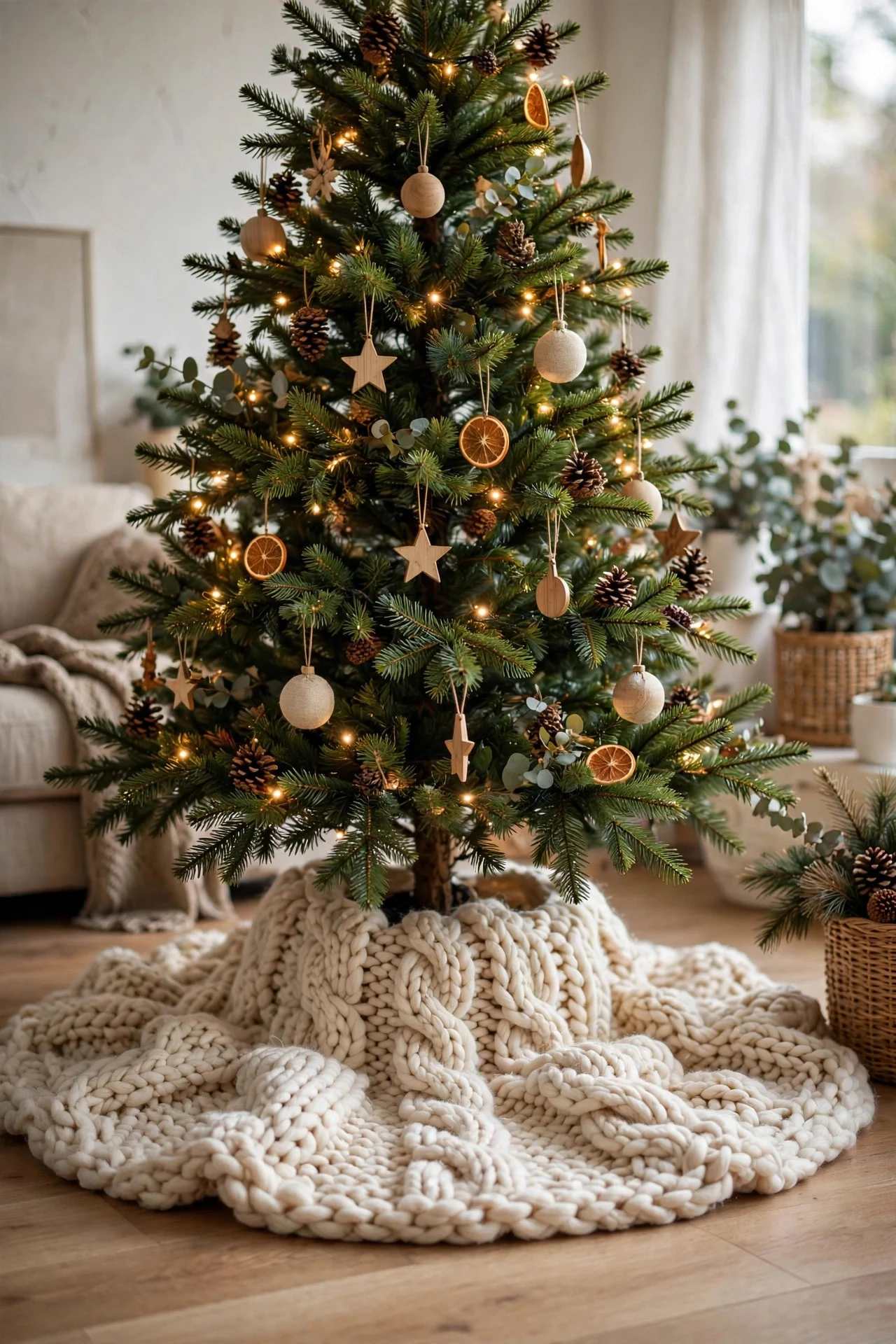 Chunky knit tree skirt at the base of a Christmas tree