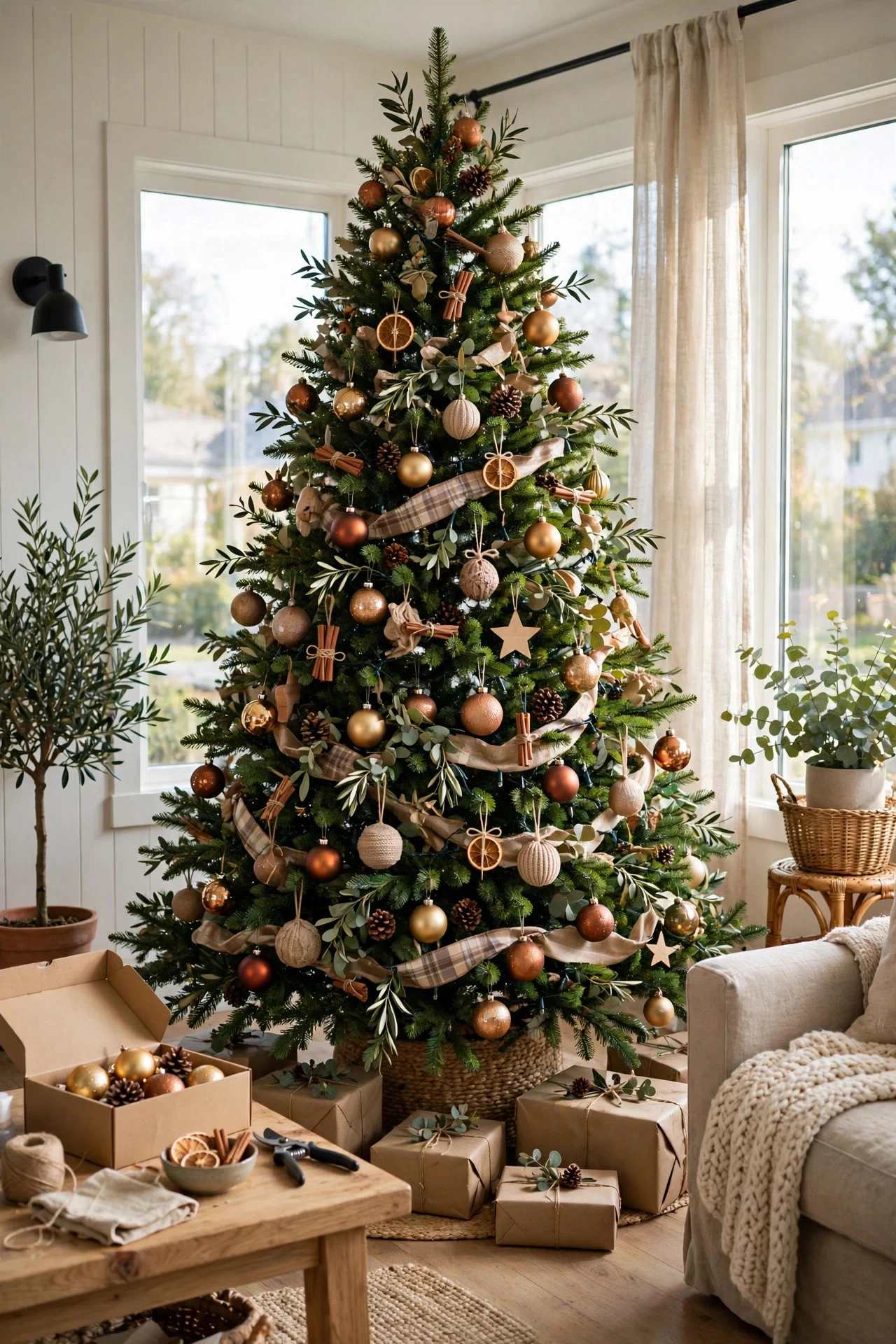 Decorated Christmas tree in daylight for a final check