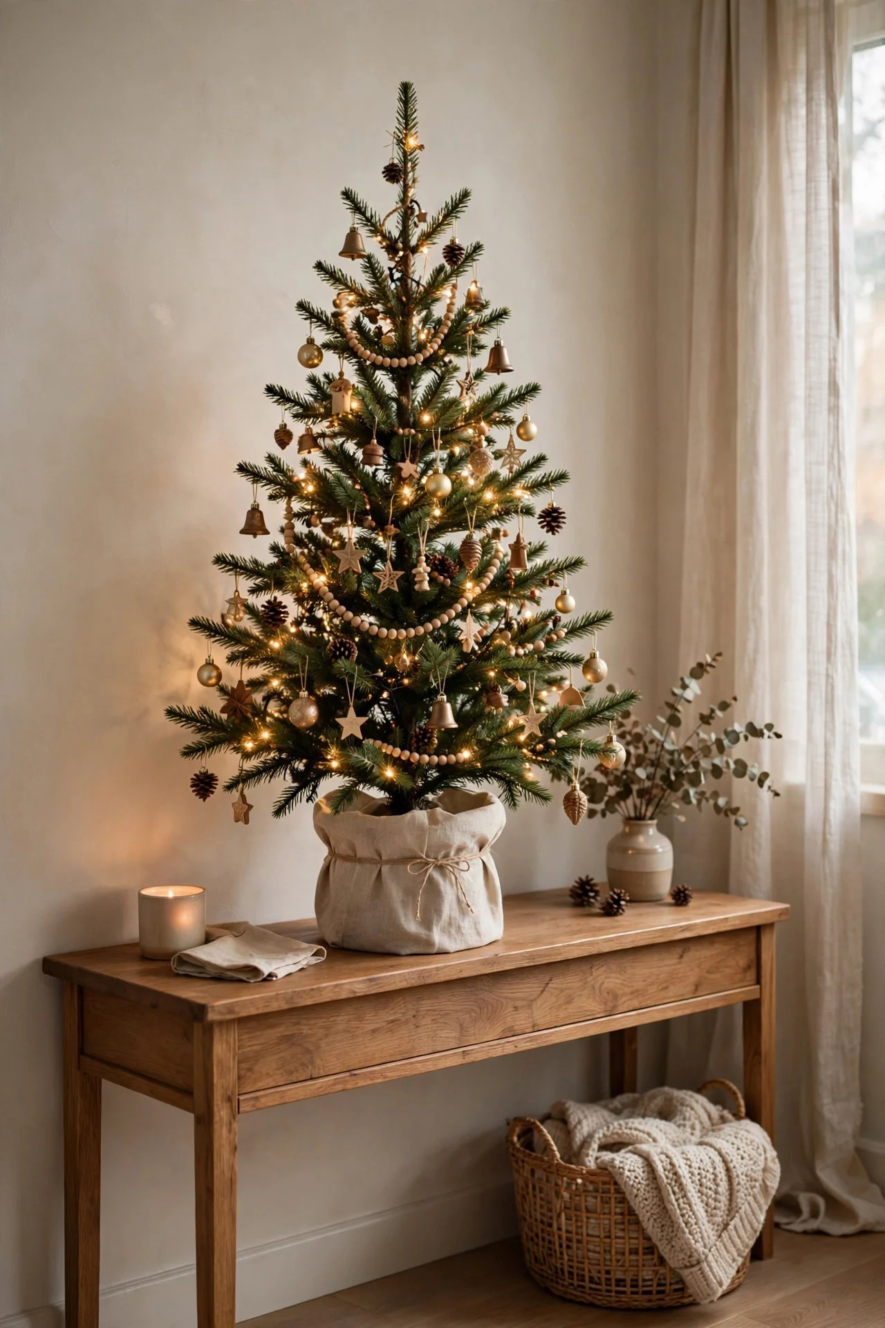 3-foot tabletop Christmas tree on a console table