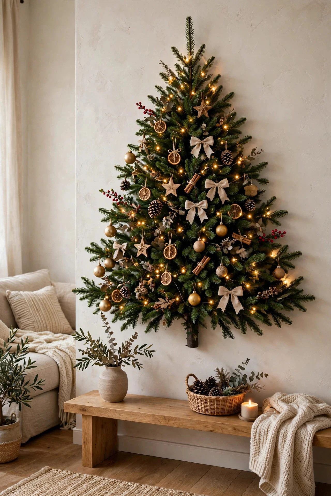 Half Christmas tree flat against an apartment wall
