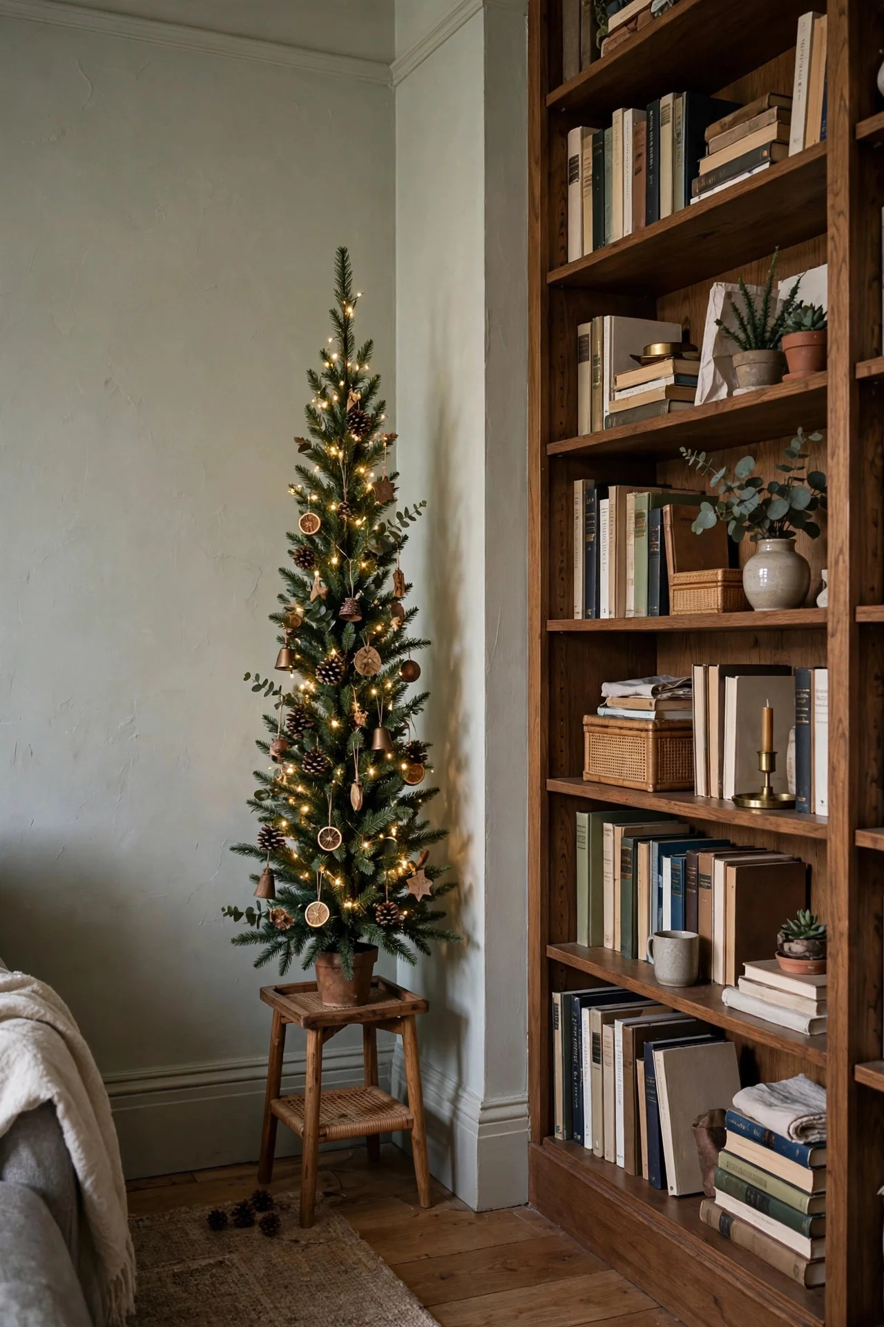 Slim Christmas tree in a dead corner on a plant stand