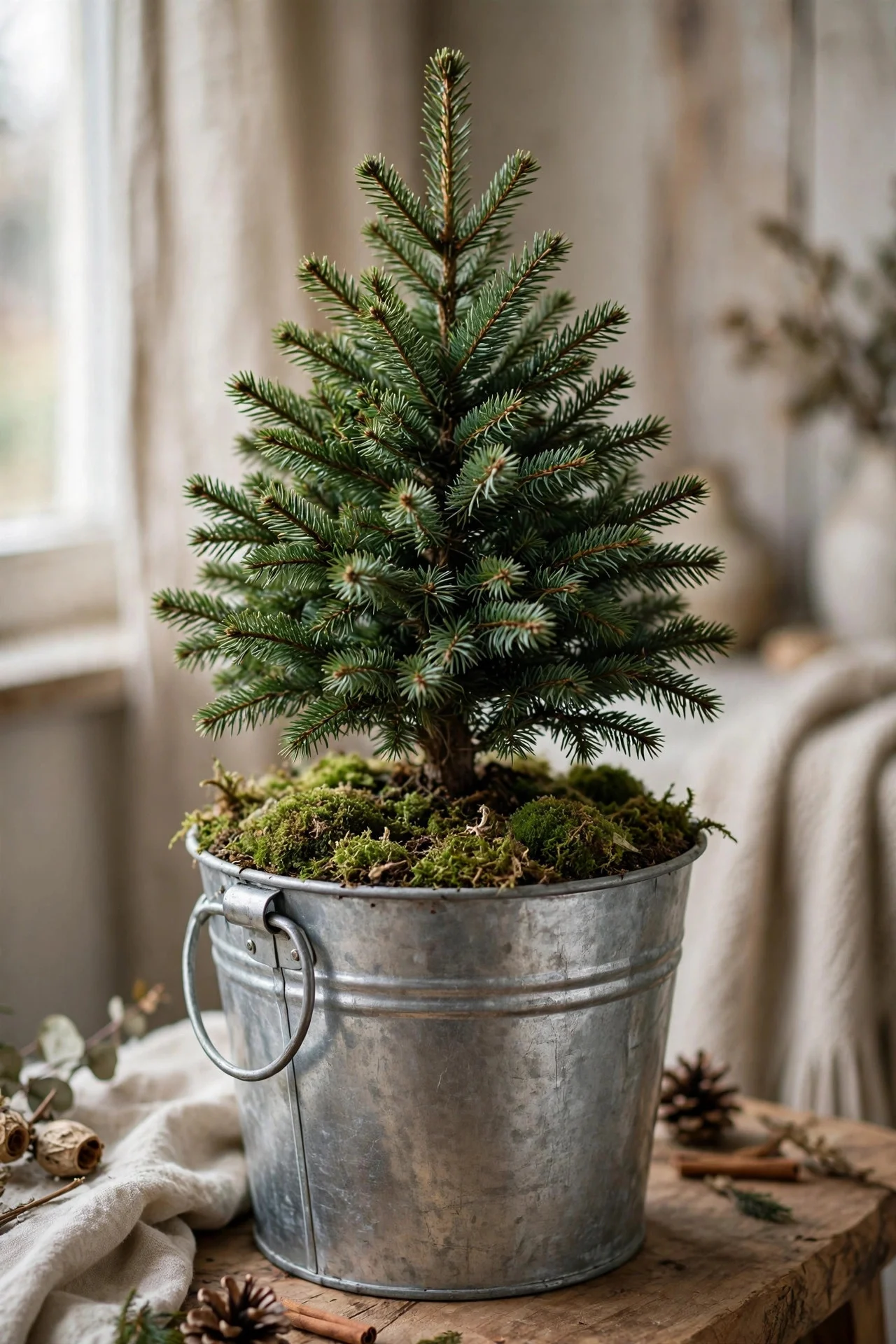 Small Christmas tree in a galvanized bucket