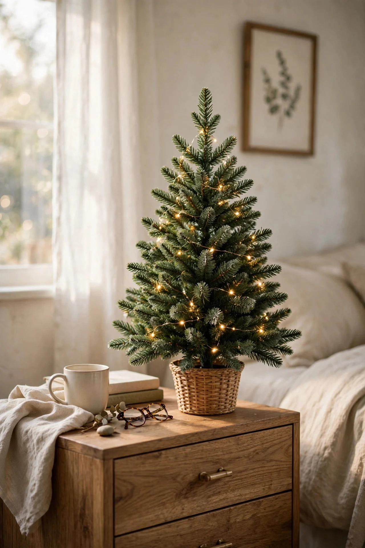 Mini Christmas tree with fairy lights on a nightstand