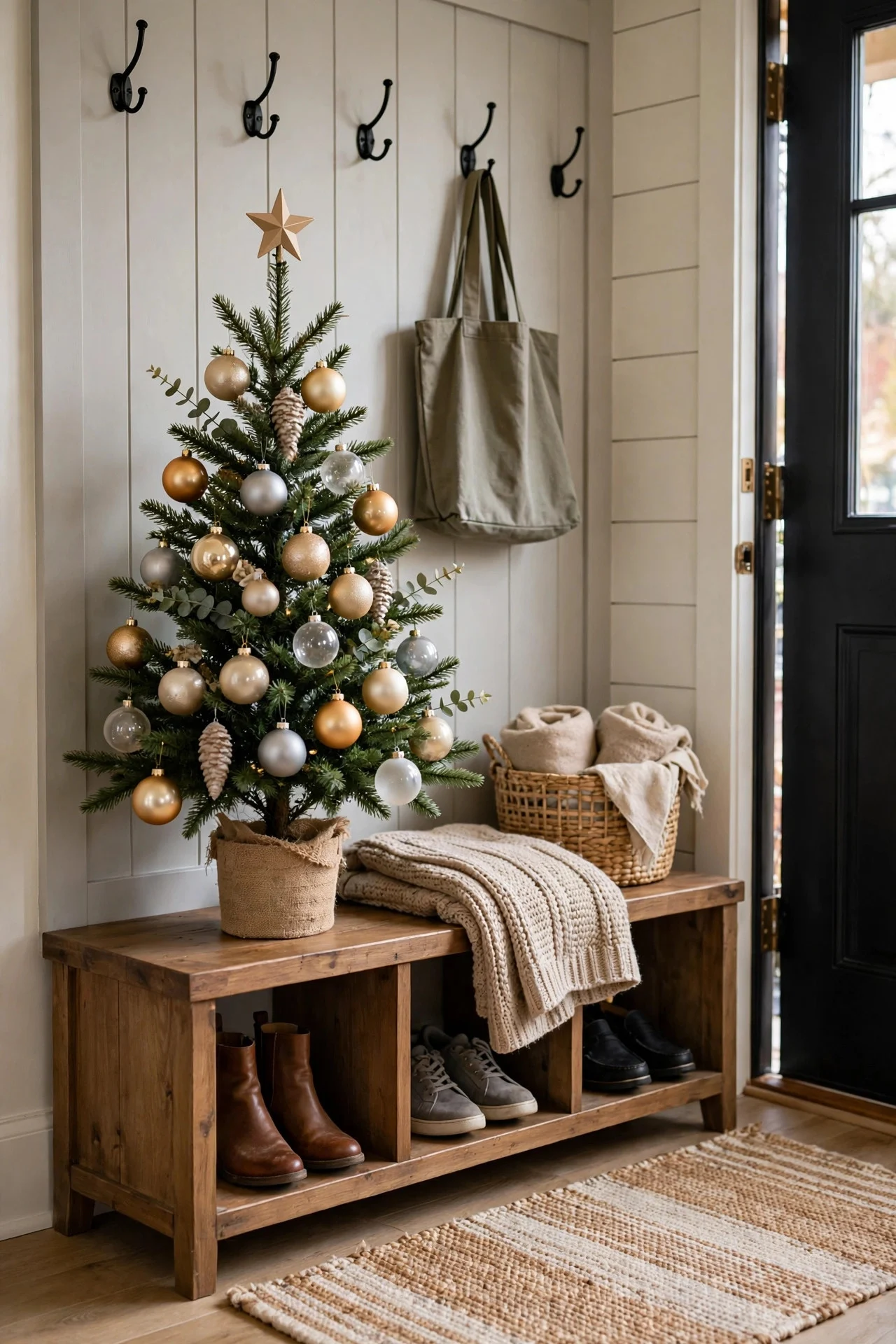 Small Christmas tree on an entryway shoe bench