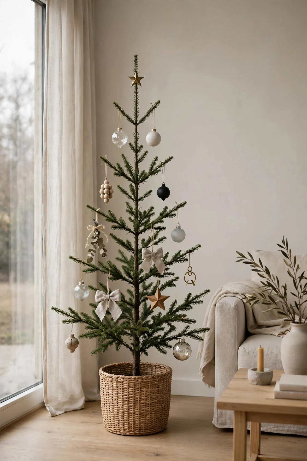 Minimalist small Christmas tree with twelve ornaments