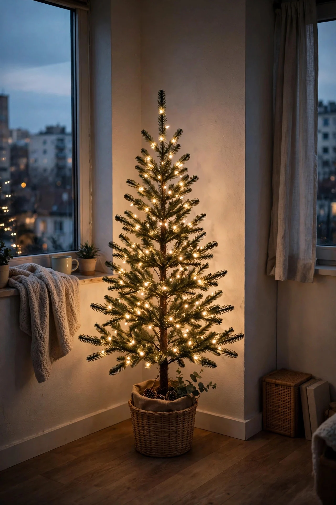 Pre-lit small Christmas tree glowing in an apartment corner