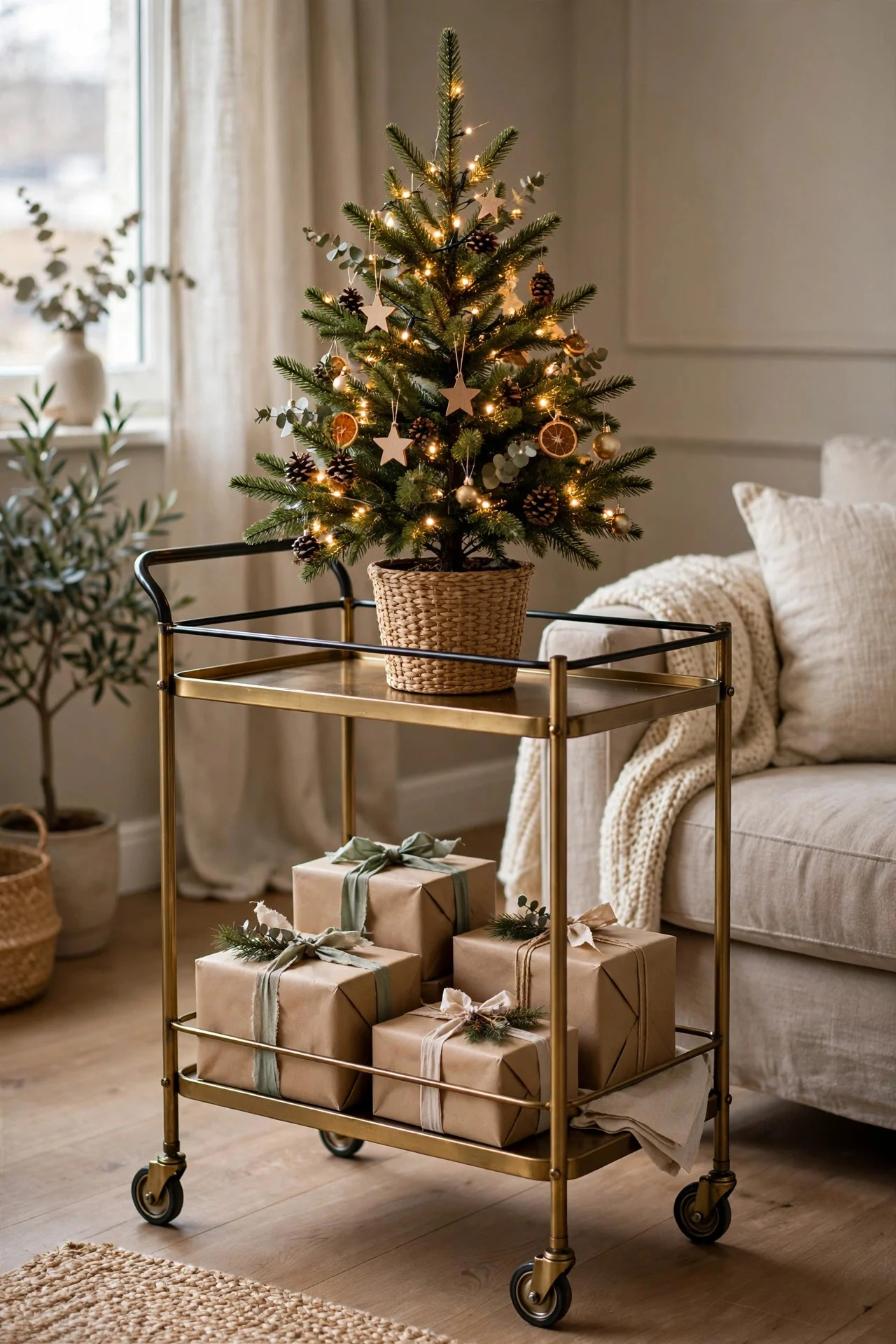 Small Christmas tree styled on a rolling bar cart