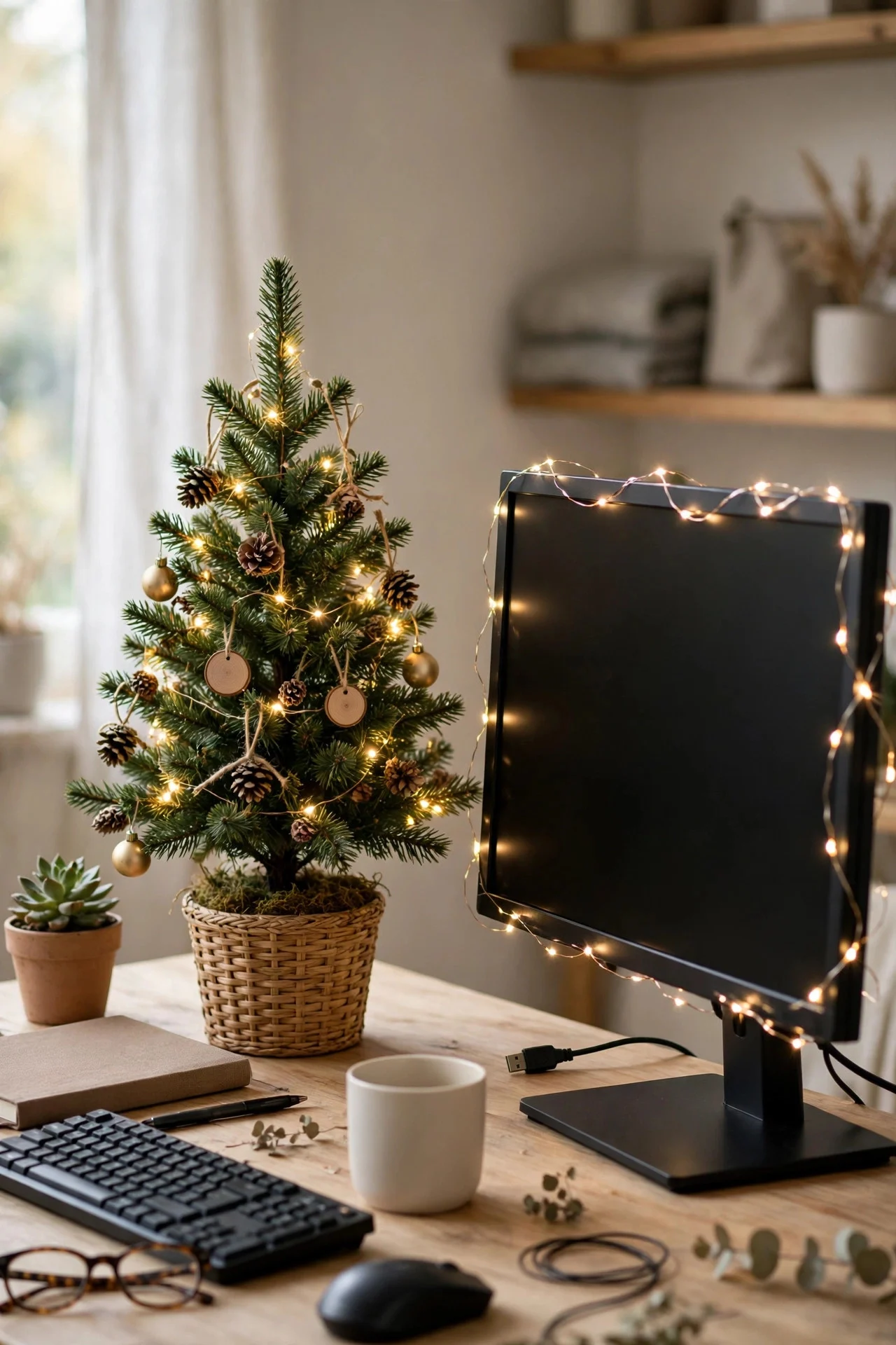 Mini Christmas tree on a home-office desk