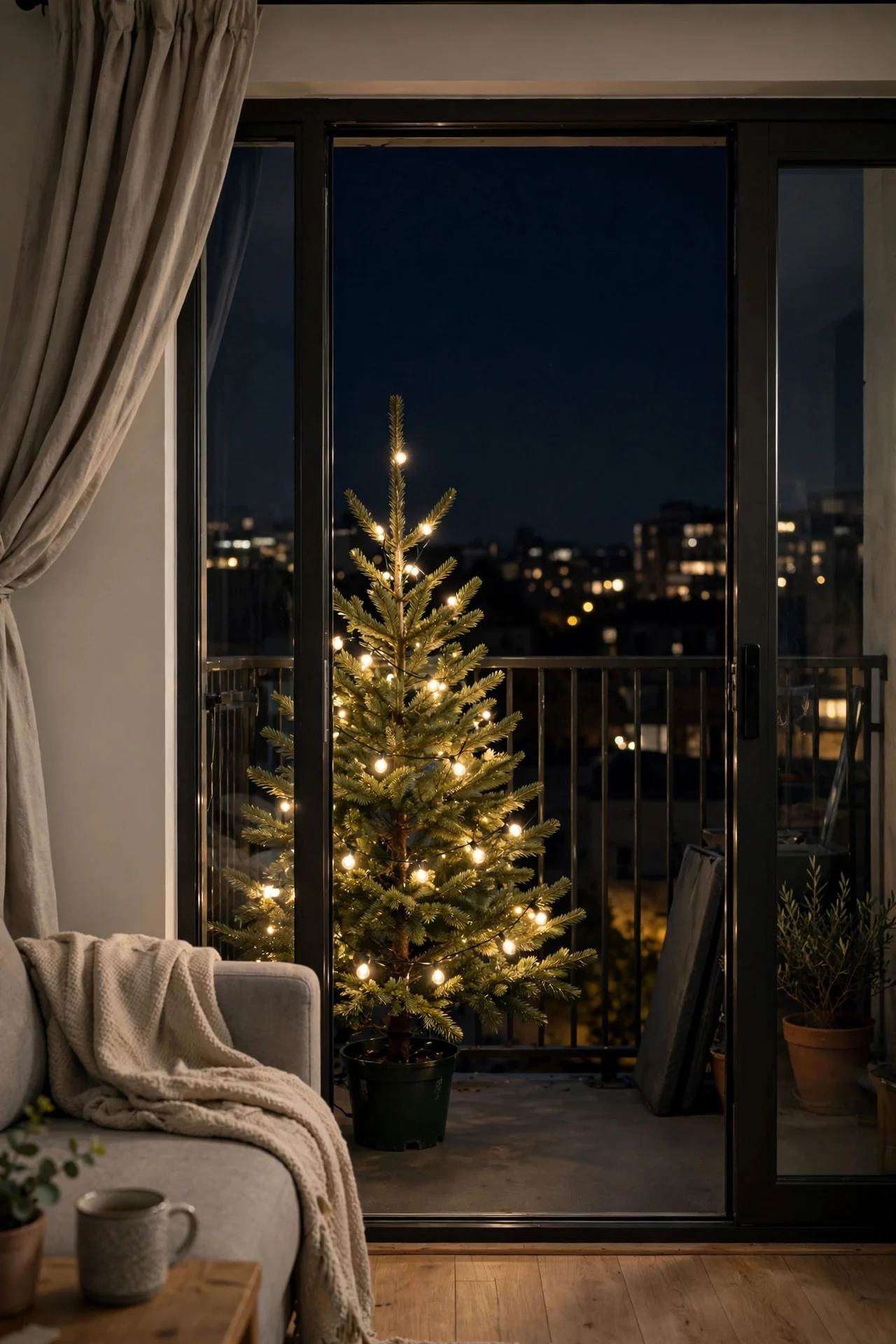 Small Christmas tree with outdoor lights on an apartment balcony