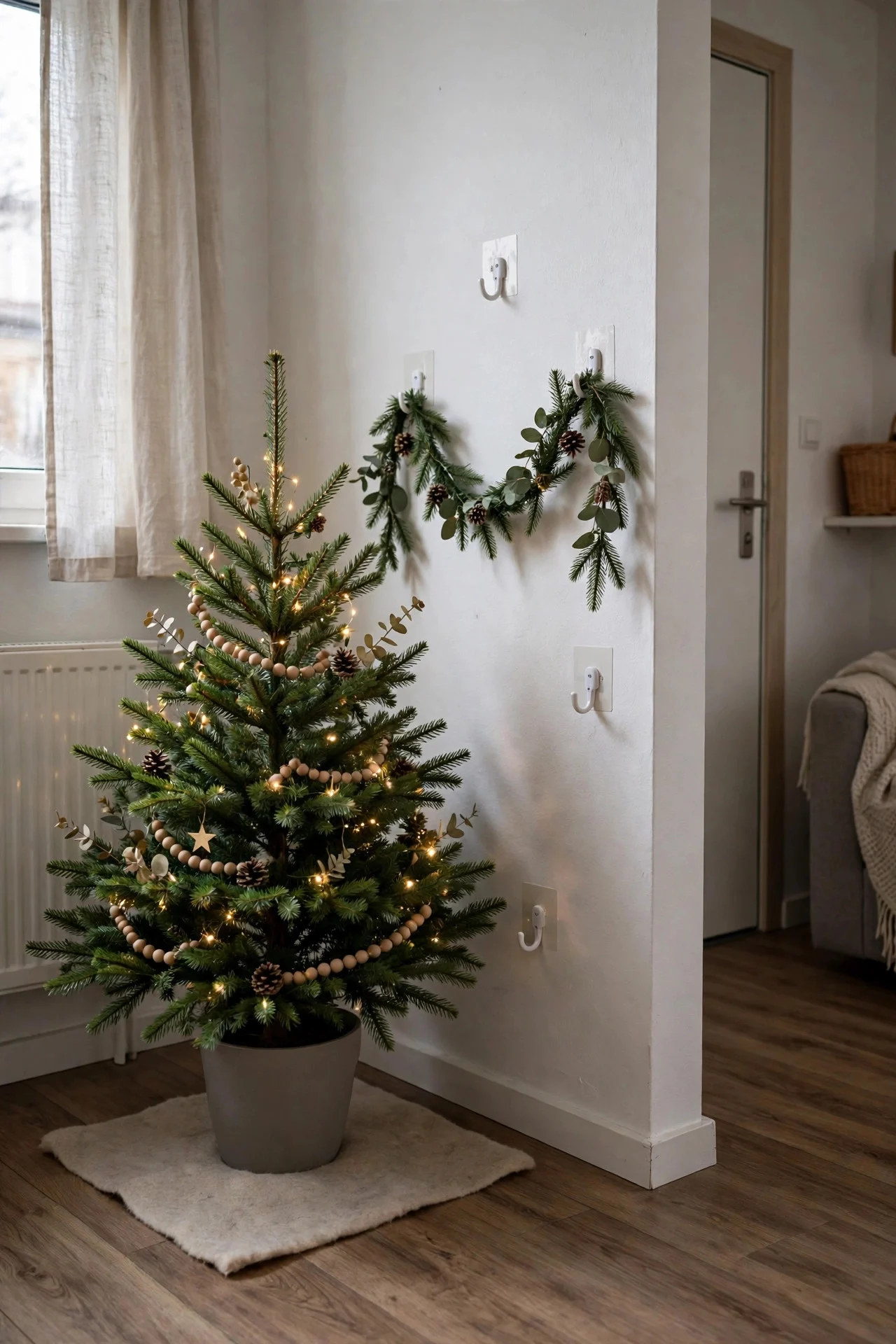 Renter-friendly small Christmas tree setup in an apartment