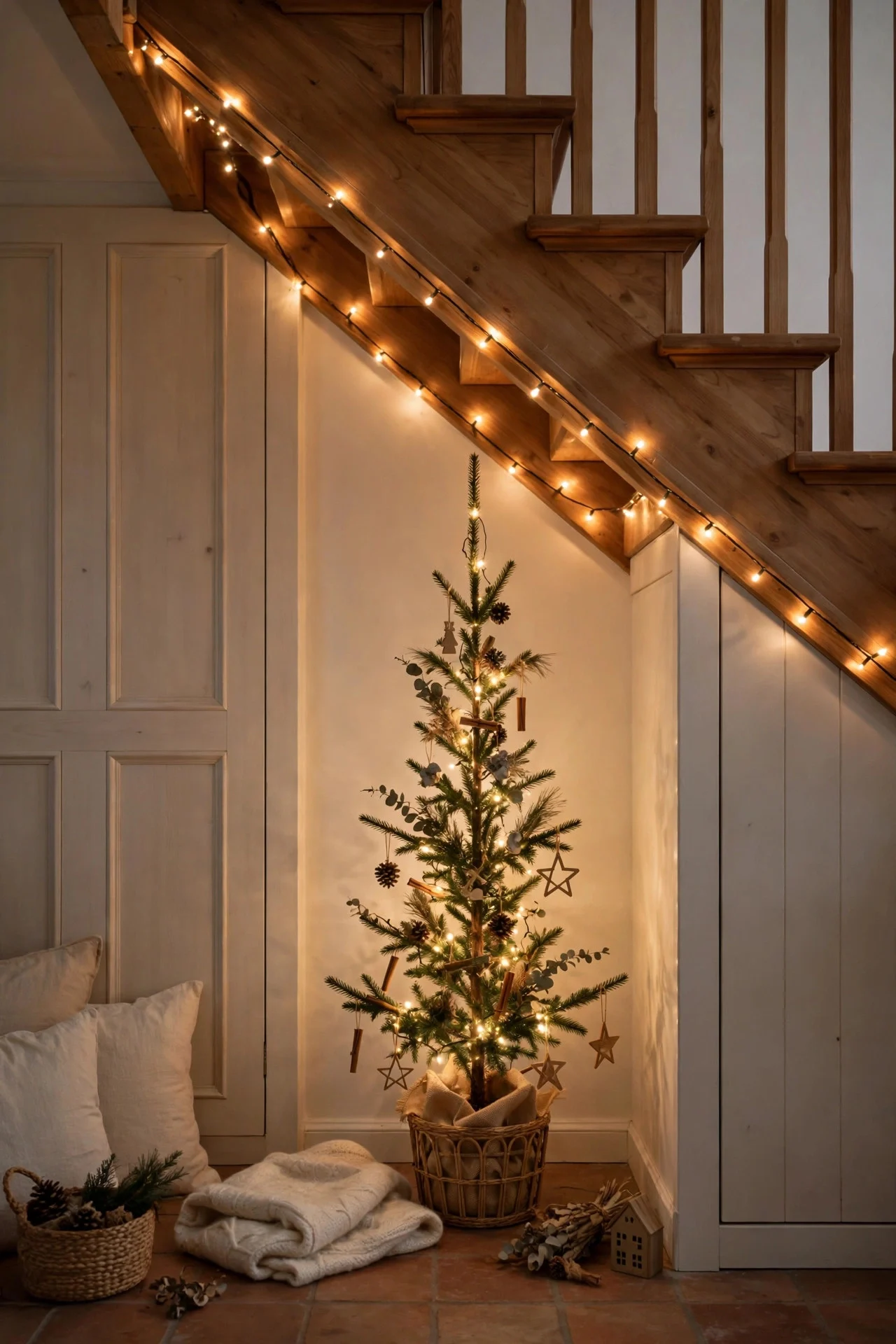Slim Christmas tree in an under-stair nook