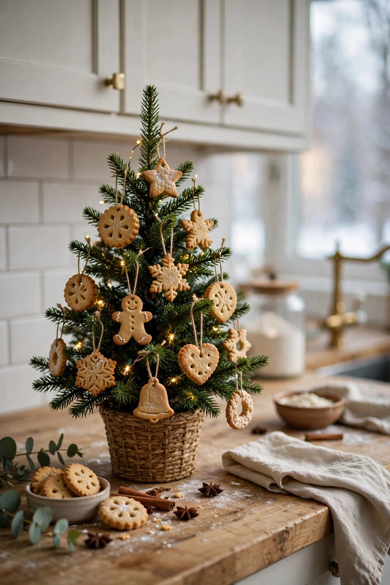 Mini Christmas tree with cookie-cutter ornaments on a kitchen counter