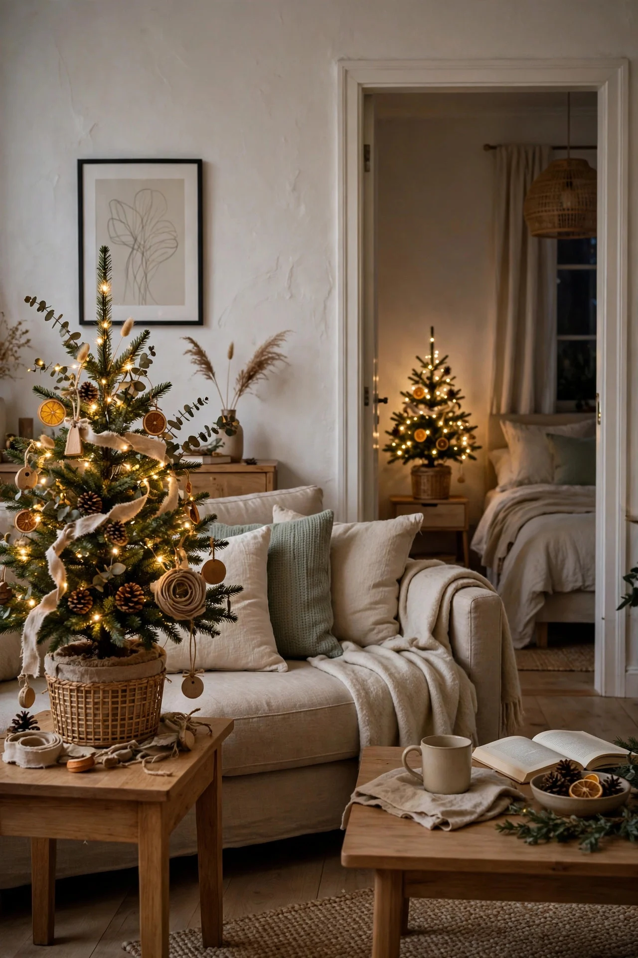 Two small coordinated Christmas trees in an apartment