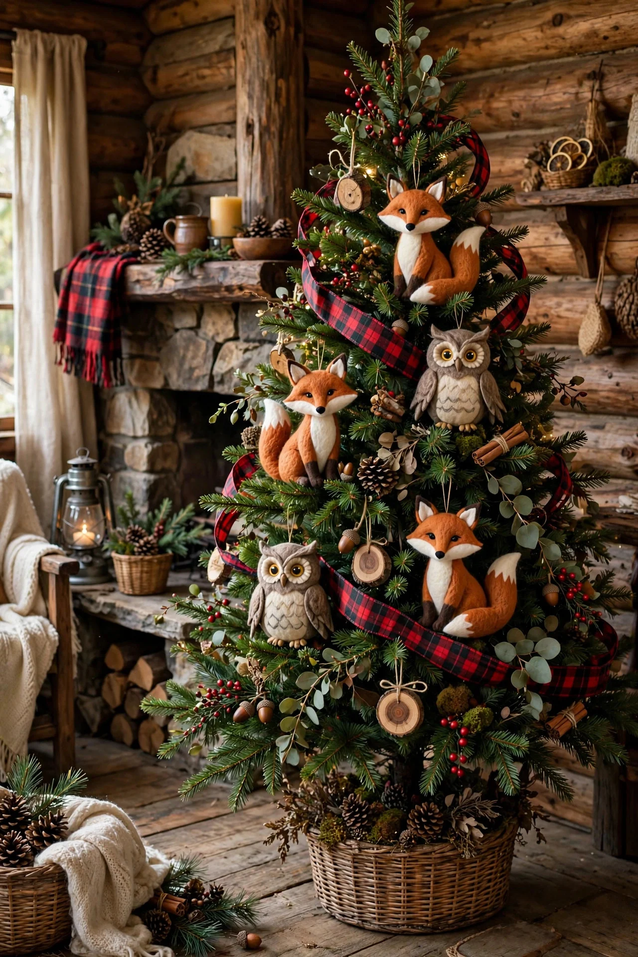 Woodland cabin themed Christmas tree with animal ornaments
